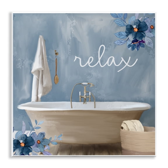 Blue Floral Relax Bathroom Scene Wall Plaque Art, 12 x 12, Made In USA