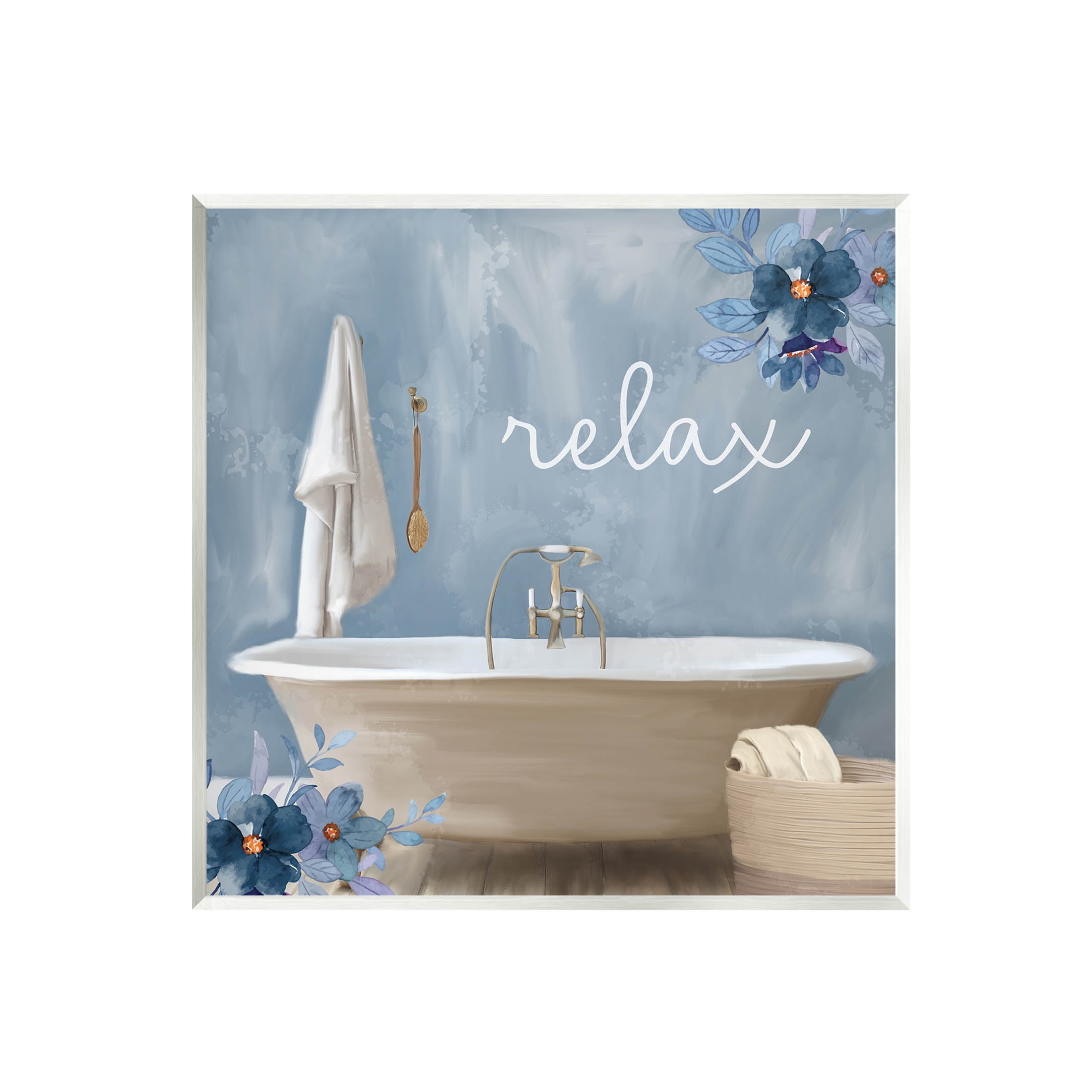 Blue Floral Relax Bathroom Scene Wood Wall Art
