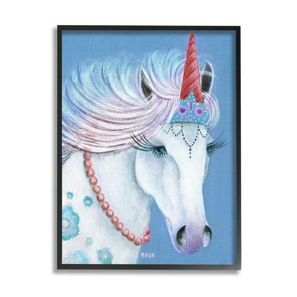 Stupell Industries Blue Floral Unicorn Portrait with Princess Crown Fairy Tales & Fantasy Painting Black Framed Art Print Wall Art, 11 x 14