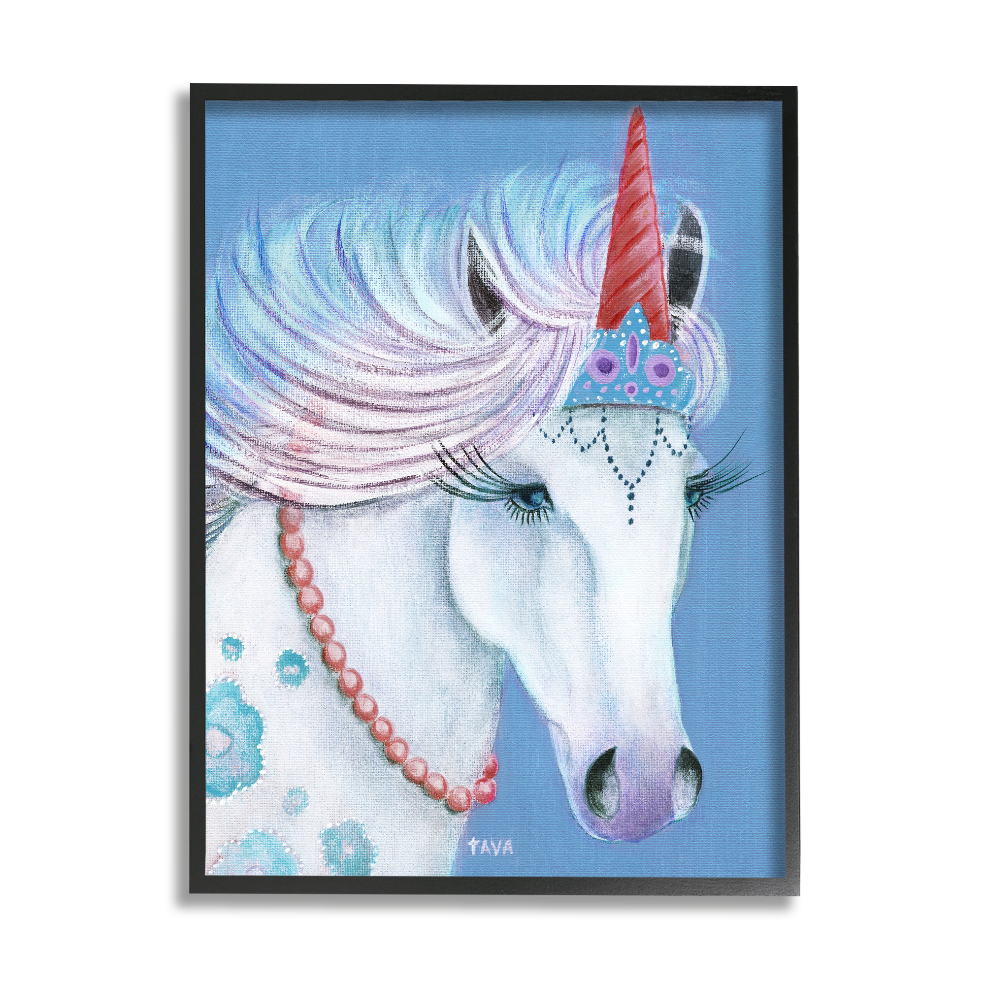 Stupell Industries Blue Floral Unicorn Portrait with Princess Crown Fairy Tales & Fantasy Painting Black Framed Art Print Wall Art, 24 x 30