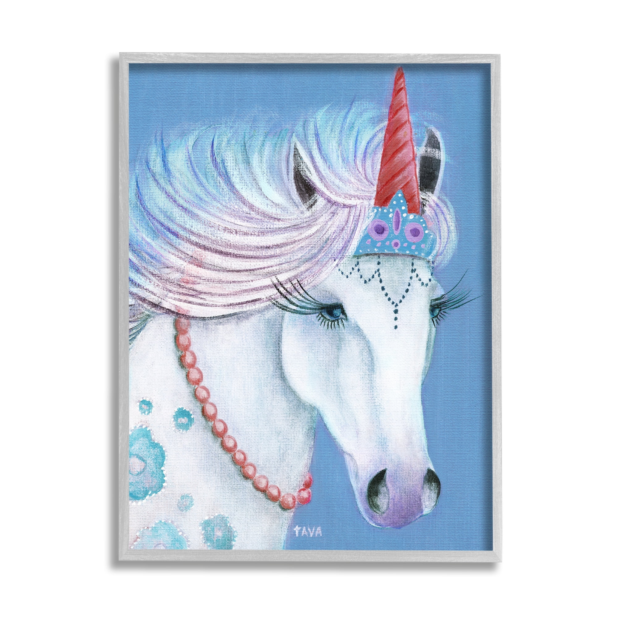 Stupell Industries Blue Floral Unicorn Portrait with Princess Crown Fairy Tales & Fantasy Painting Gray Framed Art Print Wall Art, 11 x 14