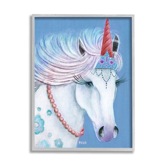 Stupell Industries Blue Floral Unicorn Portrait with Princess Crown Fairy Tales & Fantasy Painting Gray Framed Art Print Wall Art, 11 x 14