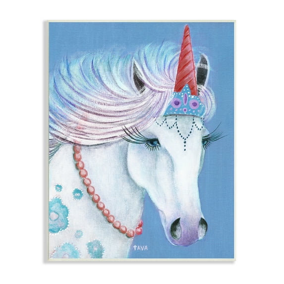 Stupell Industries Blue Floral Unicorn Portrait with Princess Crown Fairy Tales & Fantasy Painting Unframed Art Print Wall Art, 10 x 15