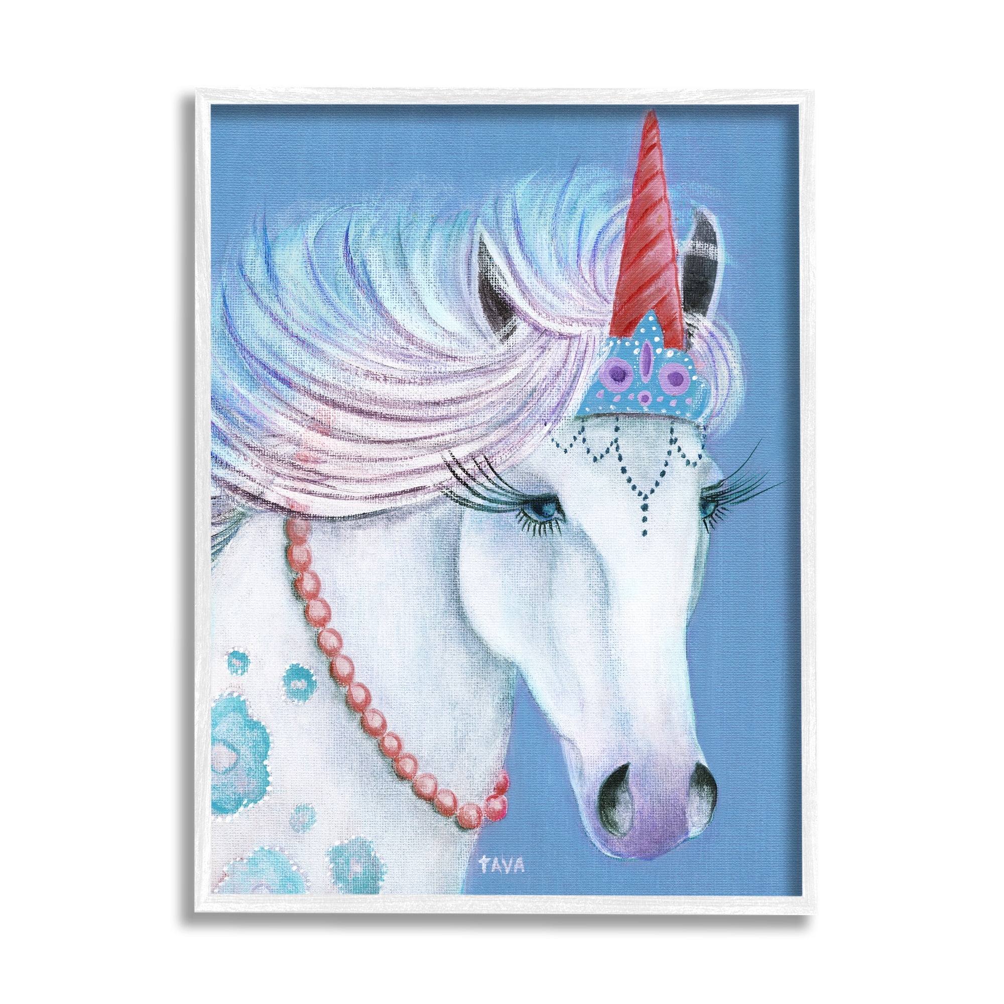 Stupell Industries Blue Floral Unicorn Portrait with Princess Crown Fairy Tales & Fantasy Painting White Framed Art Print Wall Art, 16 x 20