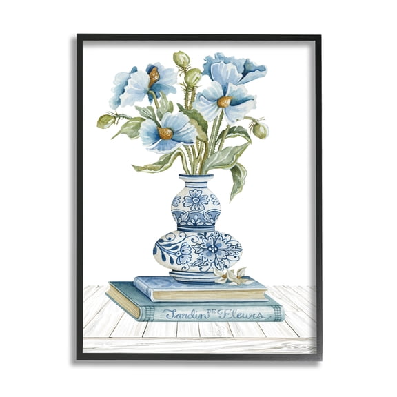 Stupell Industries Blue Flower Arrangement Ornate Pottery Still Life Painting Black Framed Art Print Wall Art, Design by Cindy Jacobs