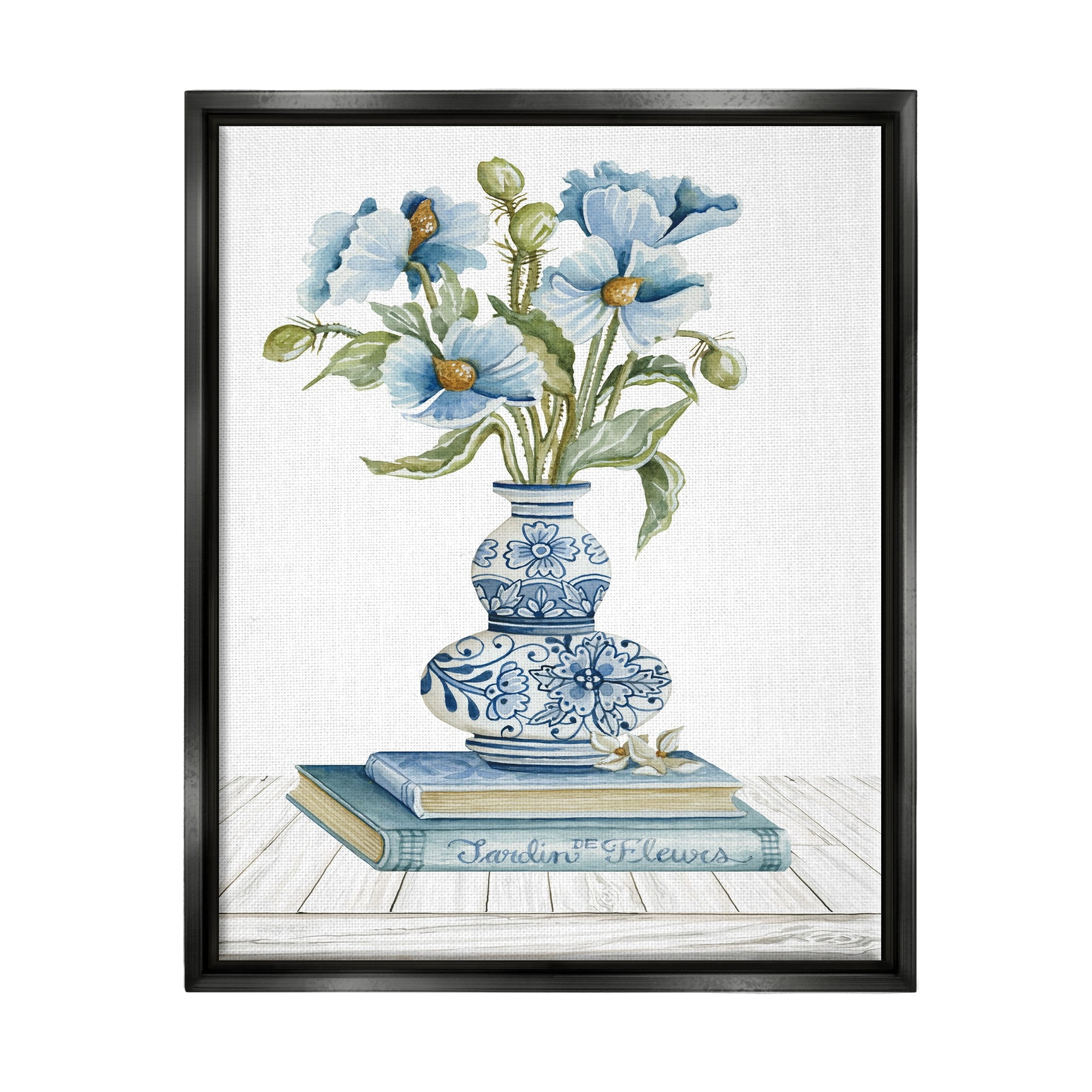 Stupell Industries Blue Flower Arrangement Ornate Pottery Still Life Painting Jet Black Floating Framed Canvas Print Wall Art, Design by Cindy Jacobs