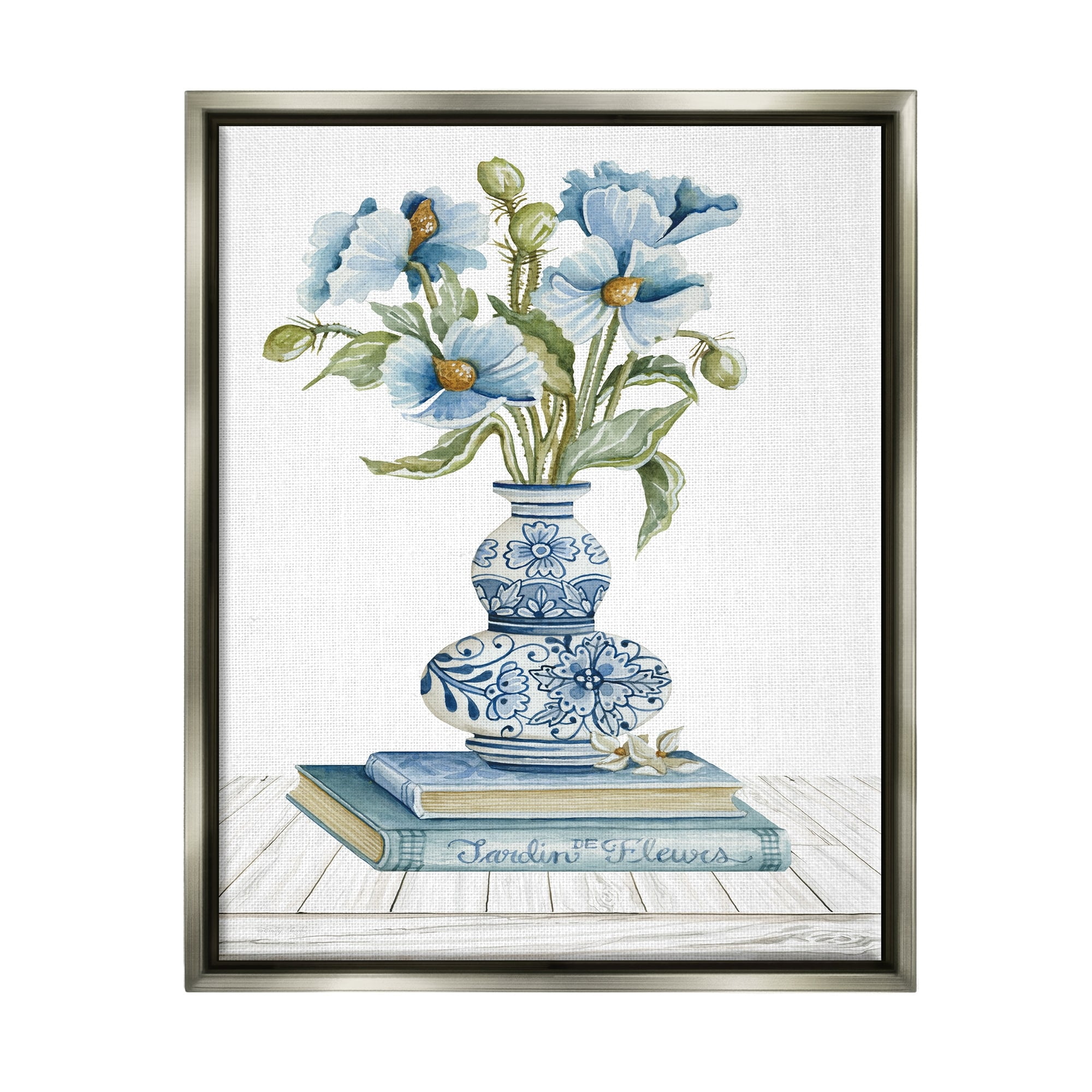 Stupell Industries Blue Flower Arrangement Ornate Pottery Still Life Painting Luster Gray Floating Framed Canvas Print Wall Art, Design by Cindy Jacobs