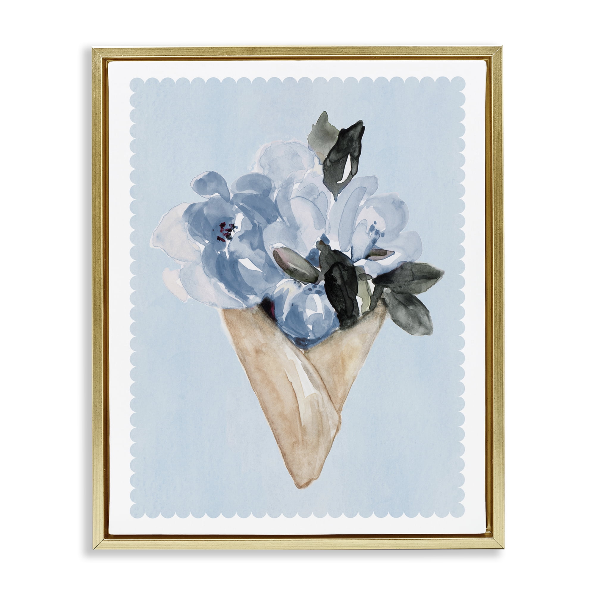 Stupell Industries Blue Flower Gift Bouquet Gold Framed Floater Canvas Wall Art, design by Elizabeth Medley