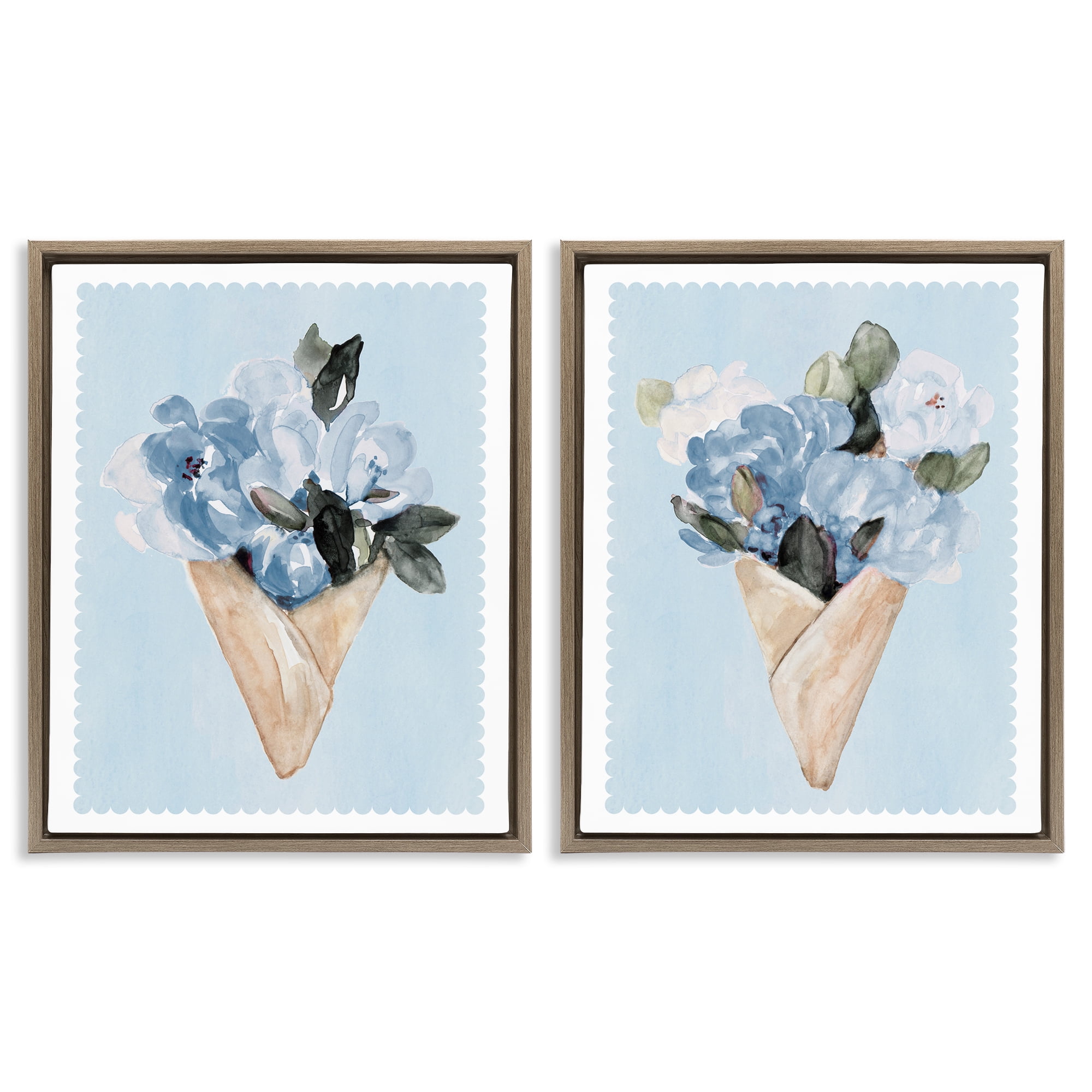 Stupell Industries Blue Flower Gift Bouquets 2 Piece Brown Framed Floater Canvas Set, design by Lanie Loreth
