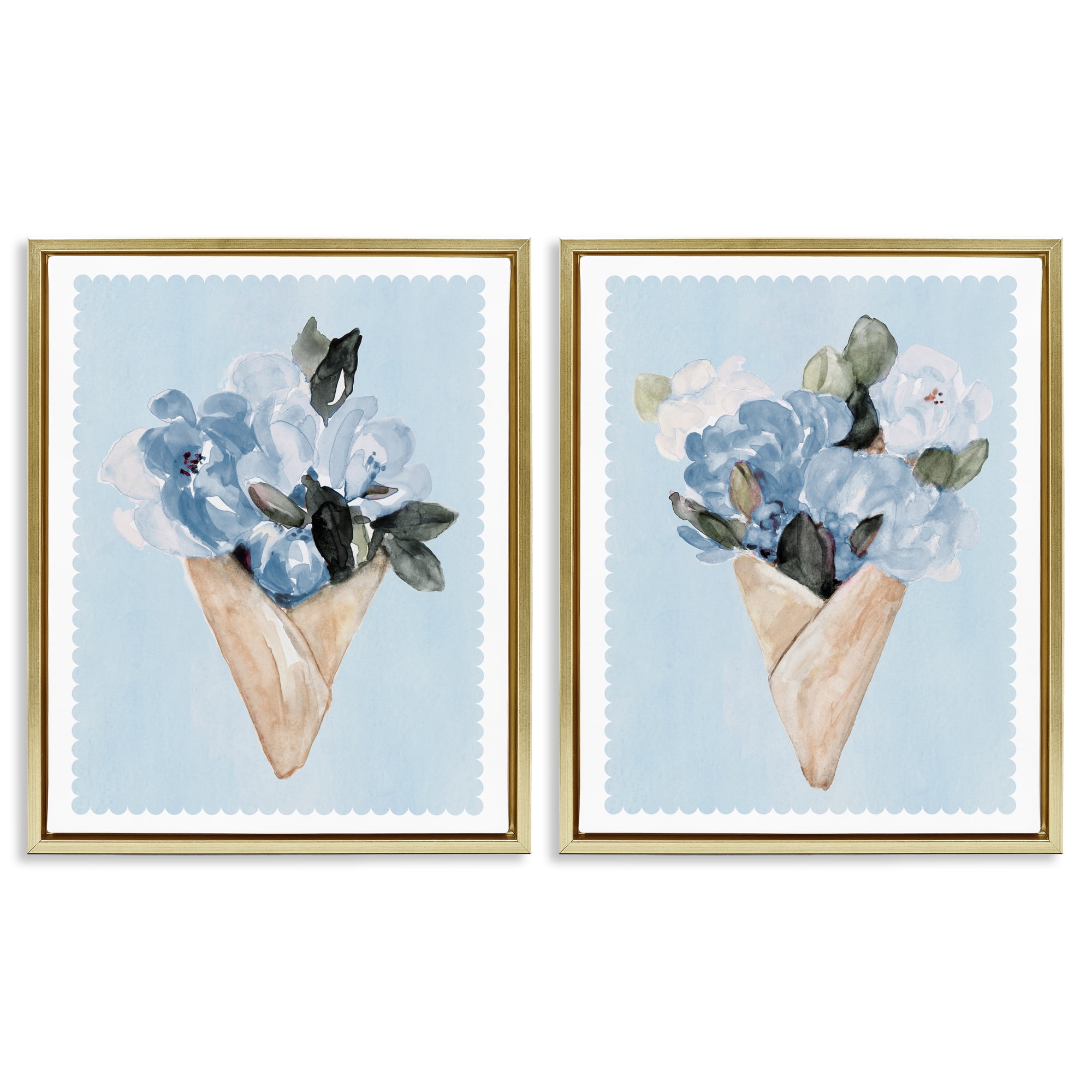 Stupell Industries Blue Flower Gift Bouquets 2 Piece Gold Framed Floater Canvas Set, design by Lanie Loreth