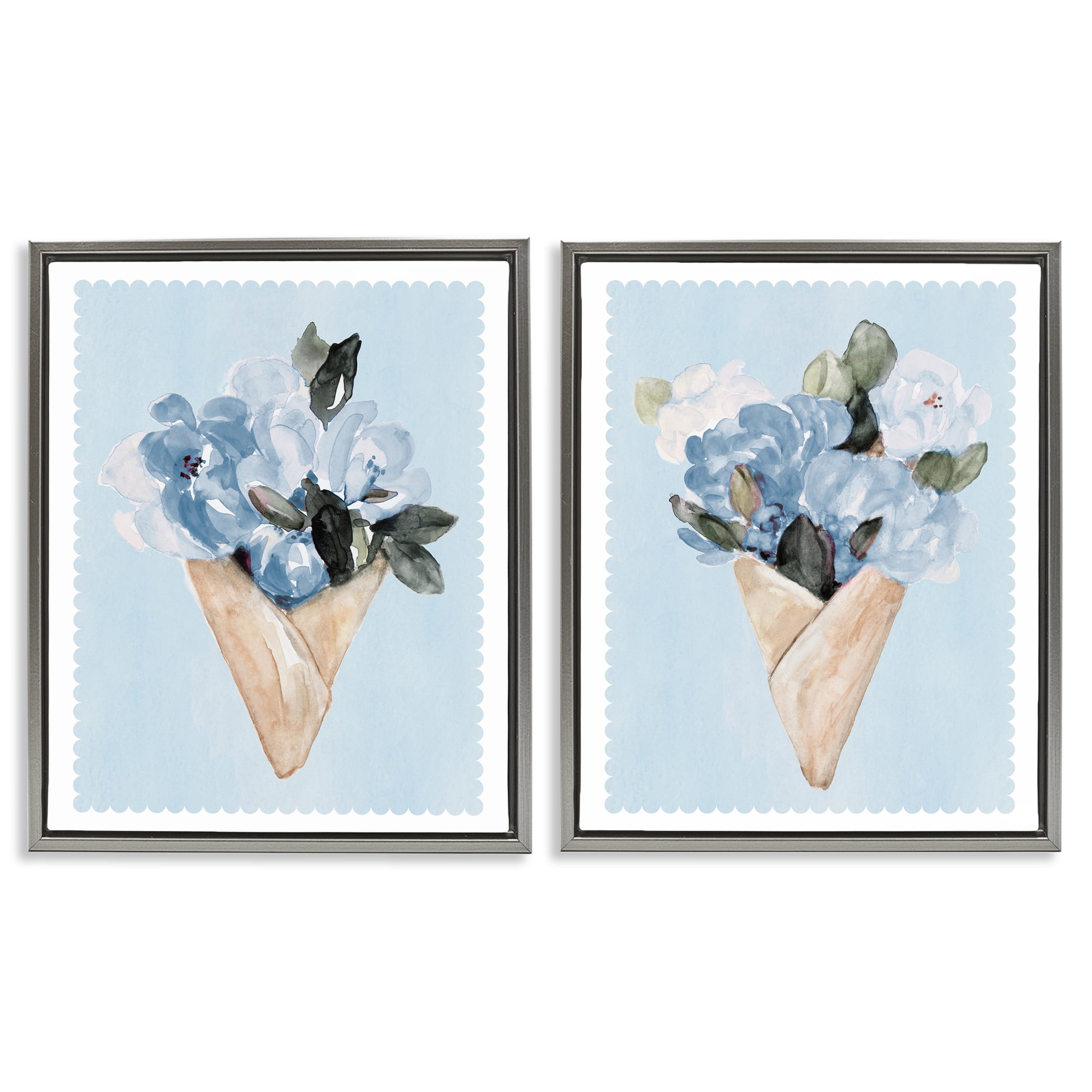 Stupell Industries Blue Flower Gift Bouquets 2 Piece Gray Framed Floater Canvas Set, design by Lanie Loreth