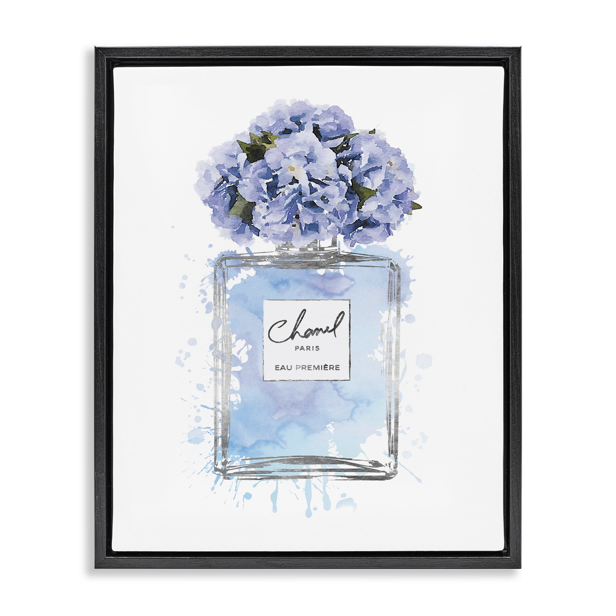 Blue Floral Perfume Bottle Canvas Print with Black Frame