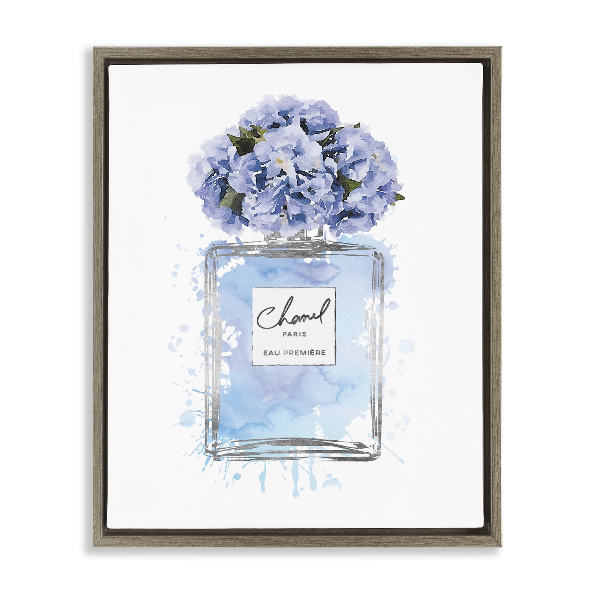 Stupell Industries Blue Flowers Perfume Bottle Beauty & Fashion Painting Brown Floater Framed Canvas Art Print Wall Art, 25 x 31