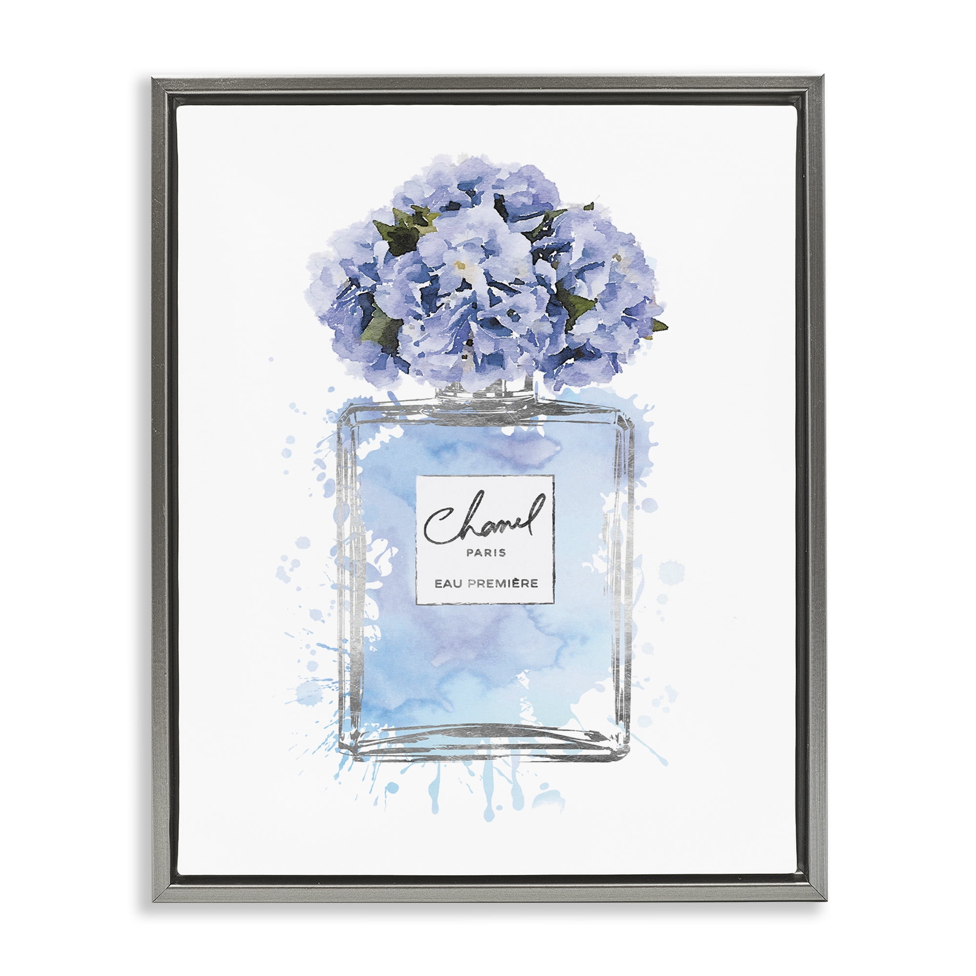 Stupell Industries Blue Flowers Perfume Bottle Beauty & Fashion Painting Gray Floater Framed Canvas Art Print Wall Art, 17 x 21