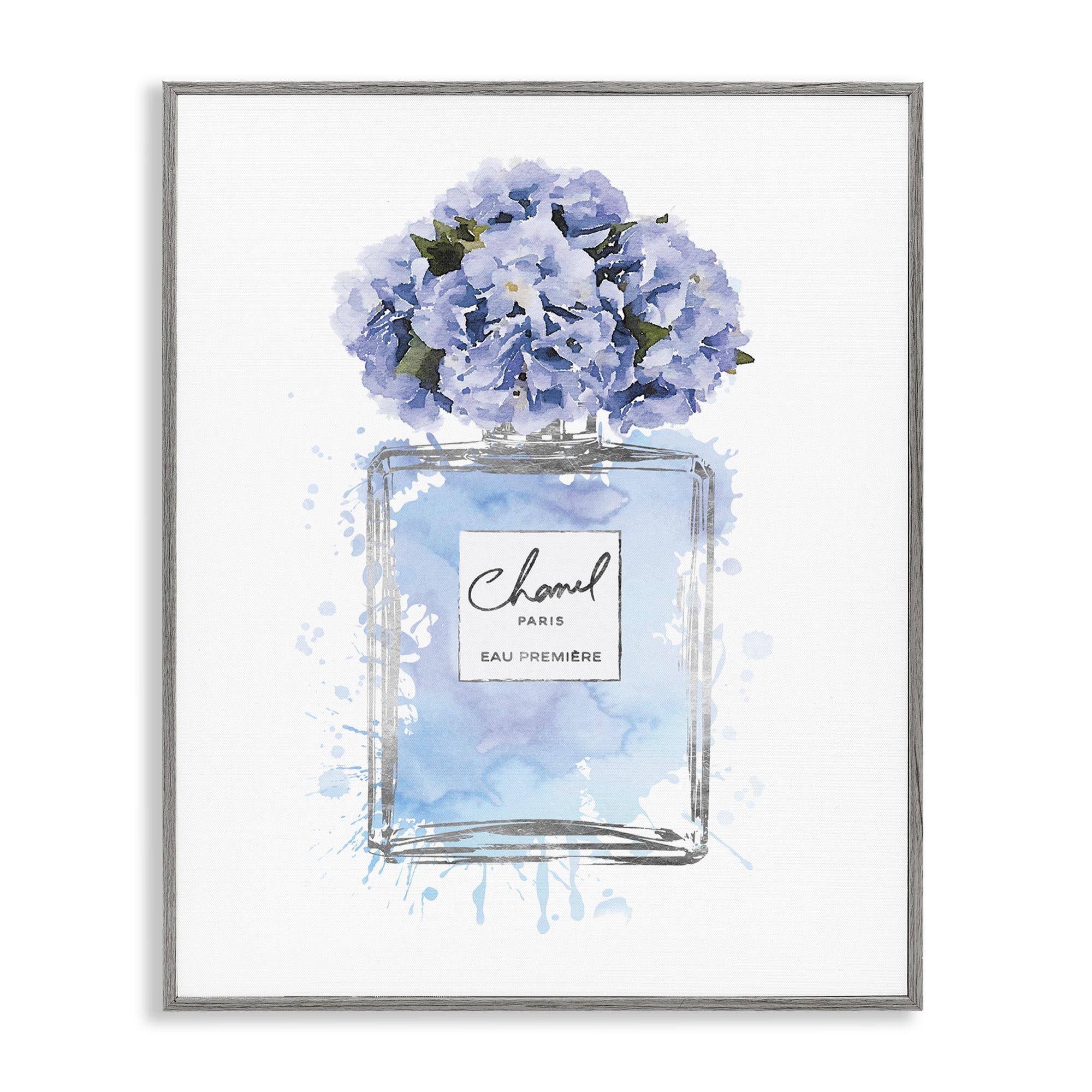 Stupell Industries Blue Flowers Perfume Bottle Beauty & Fashion Painting Gray Framed Art Print Wall Art, 24 x 30