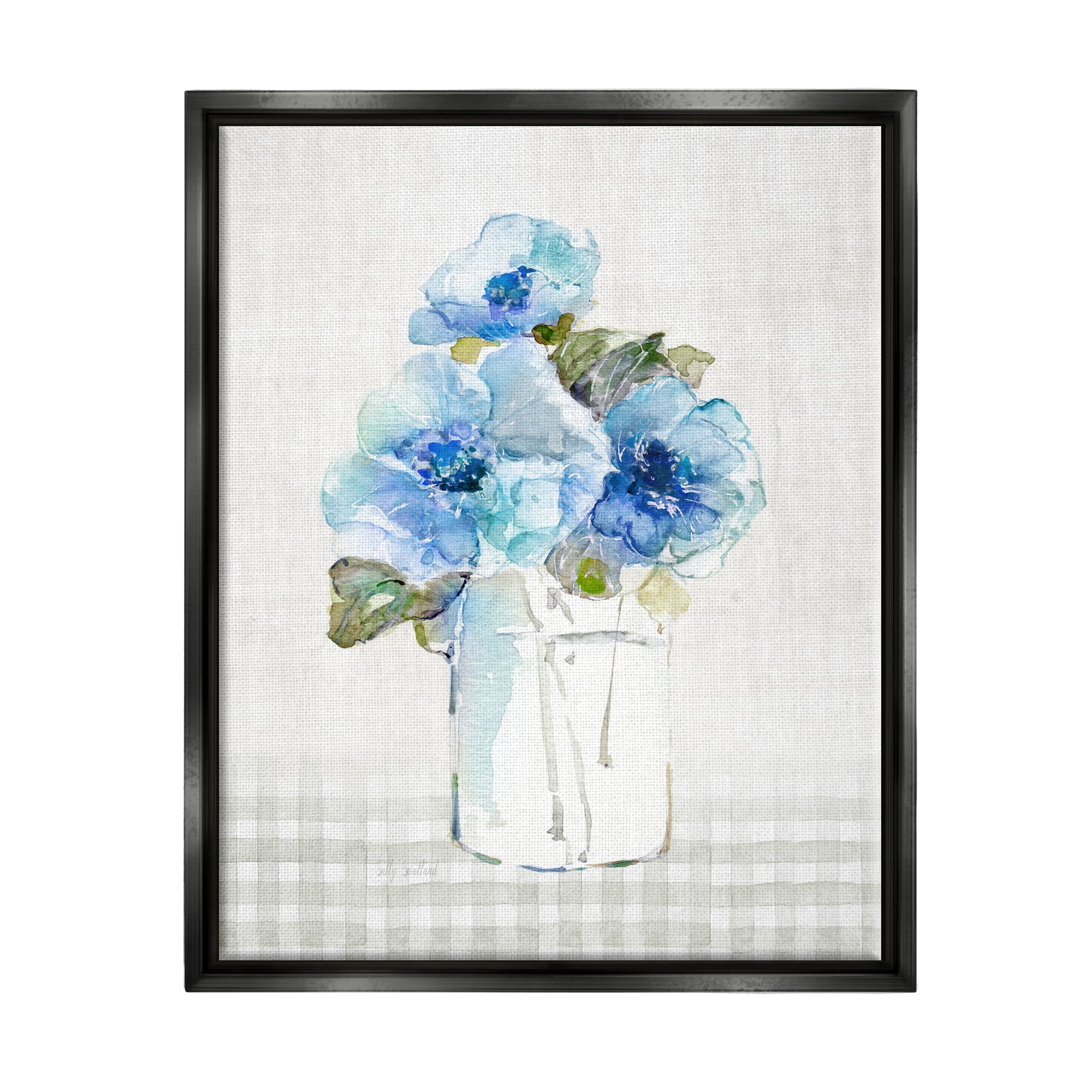 Stupell Industries Blue Flowers on Tartan Botanical & Floral Painting Black Floater Framed Canvas Art Print Wall Art, 25 x 31