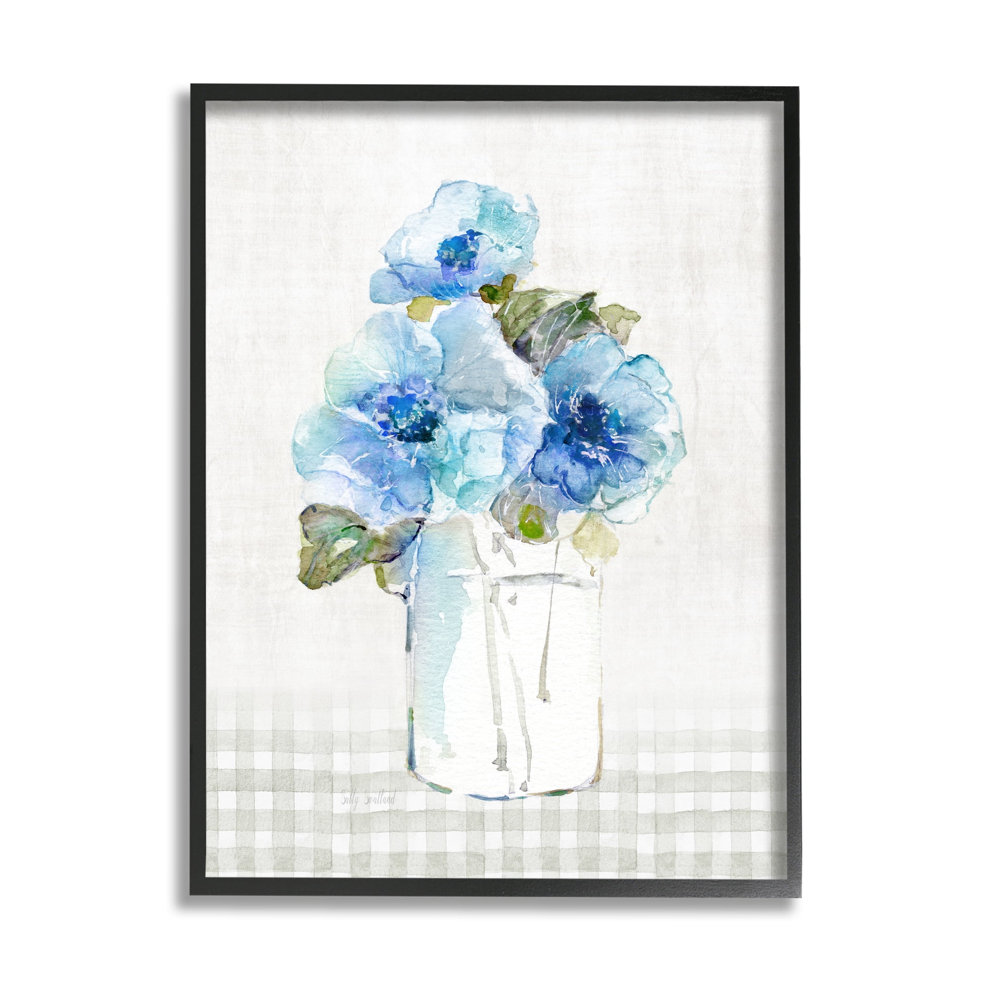 Stupell Industries Blue Flowers on Tartan Botanical & Floral Painting Black Framed Art Print Wall Art, 16 x 20