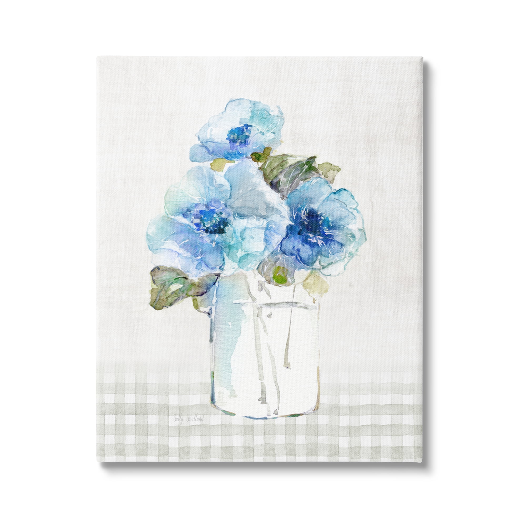 Stupell Industries Blue Flowers on Tartan Botanical & Floral Painting Gallery Wrapped Canvas Art Print Wall Art, 30 x 40