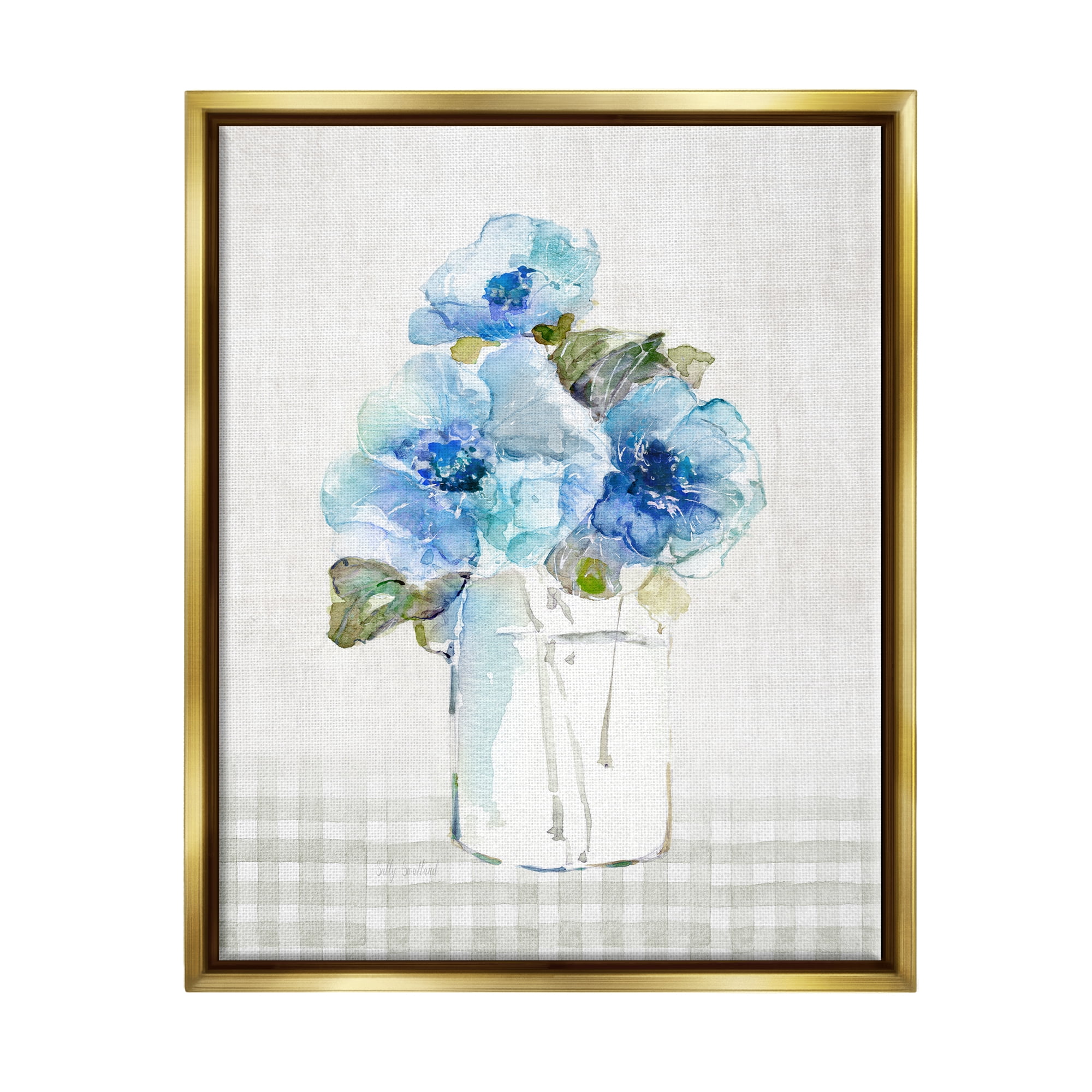 Stupell Industries Blue Flowers on Tartan Botanical & Floral Painting Gold Floater Framed Canvas Art Print Wall Art, 17 x 21