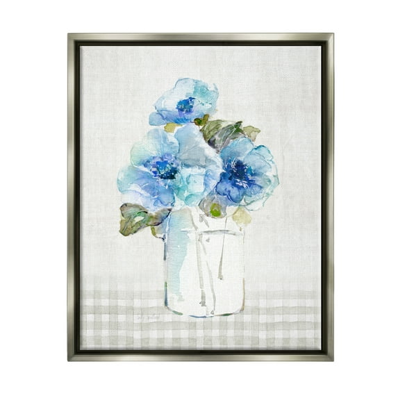 Stupell Industries Blue Flowers on Tartan Botanical & Floral Painting Gray Floater Framed Canvas Art Print Wall Art, 17 x 21
