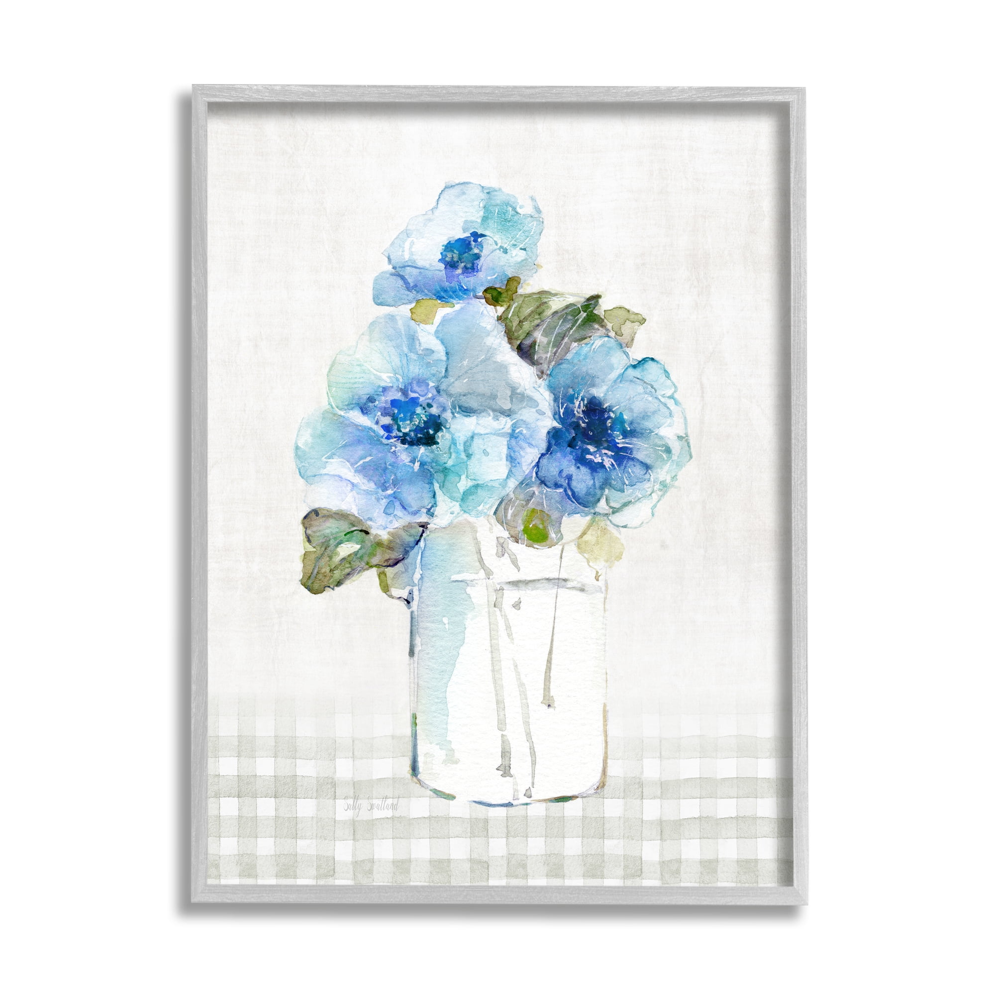 Stupell Industries Blue Flowers on Tartan Botanical & Floral Painting Gray Framed Art Print Wall Art, 24 x 30