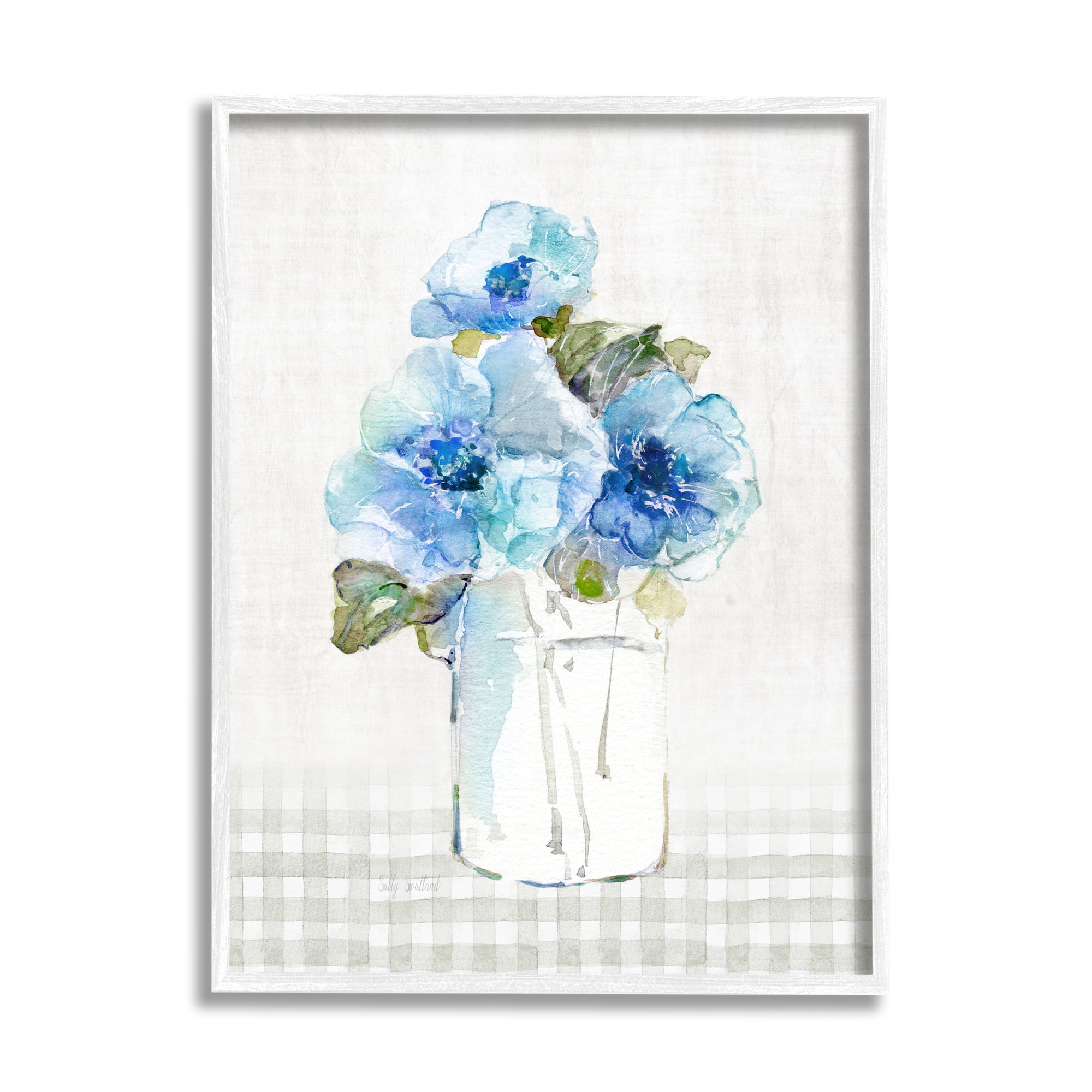 Stupell Industries Blue Flowers on Tartan Botanical & Floral Painting White Framed Art Print Wall Art, 16 x 20