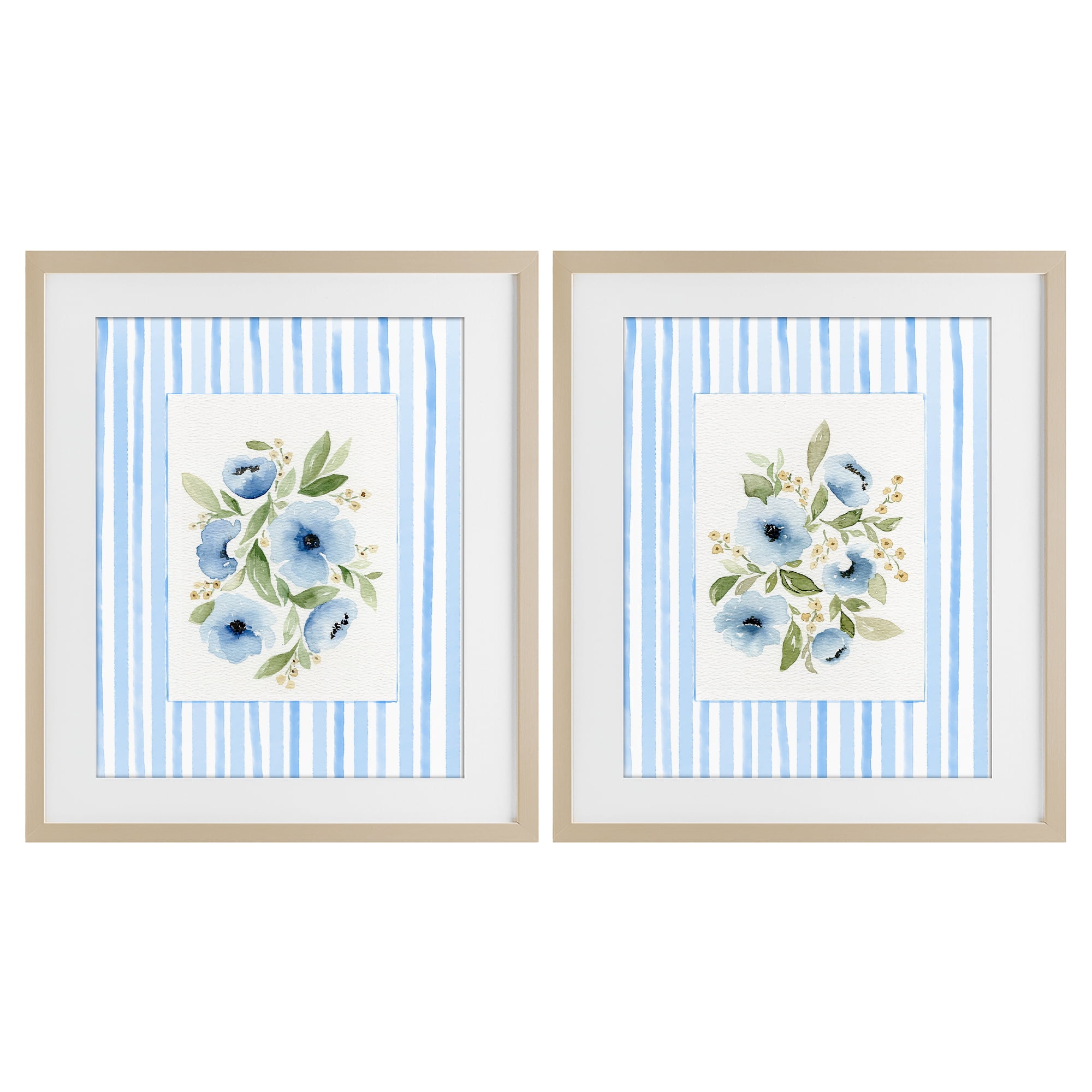 Stupell Industries Blue Flowers with Stripe Border 2 Piece Birch Framed Print Under Glass Set, design by Leah Noel Art