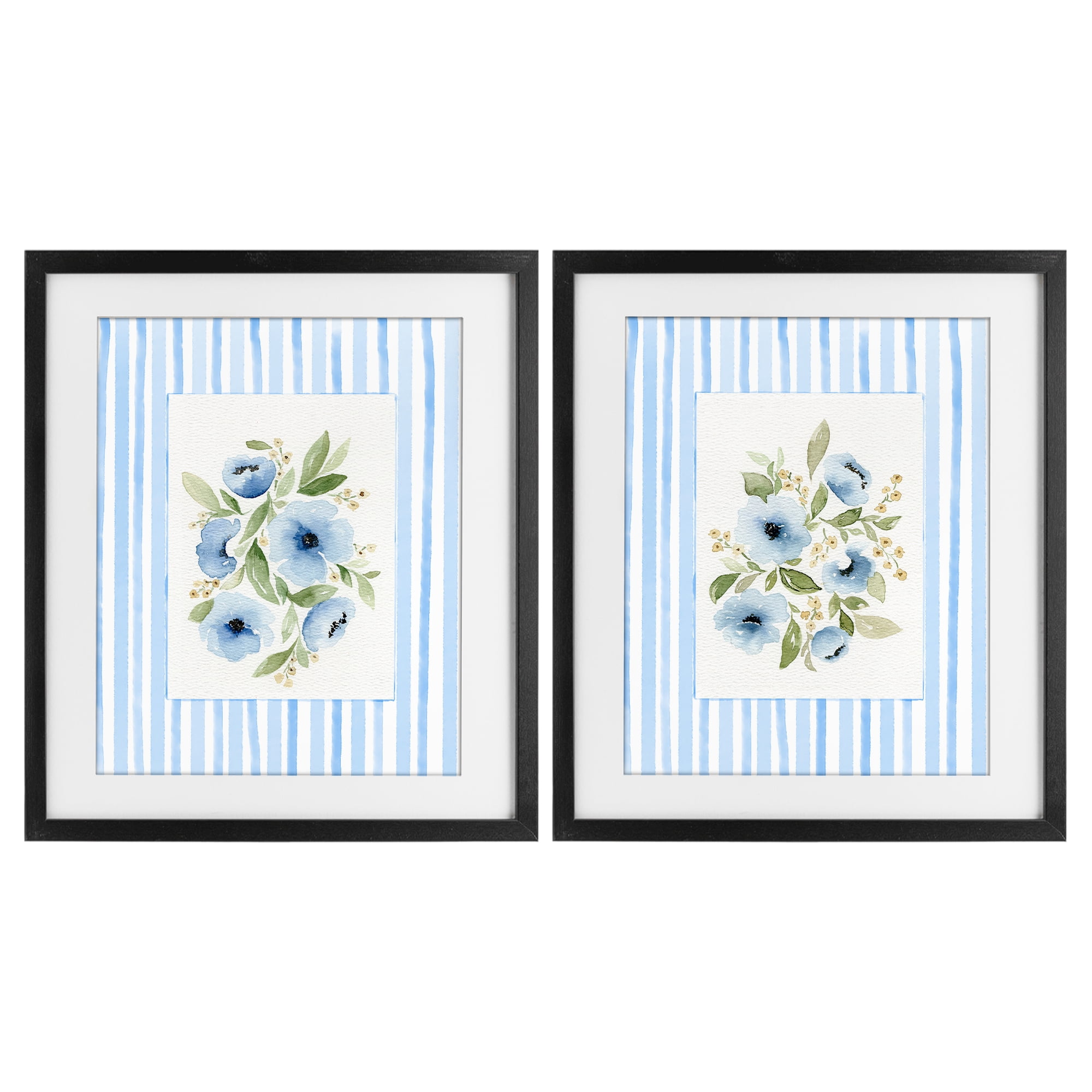 Stupell Industries Blue Flowers with Stripe Border 2 Piece Black Framed Print Under Glass Set, design by Leah Noel Art