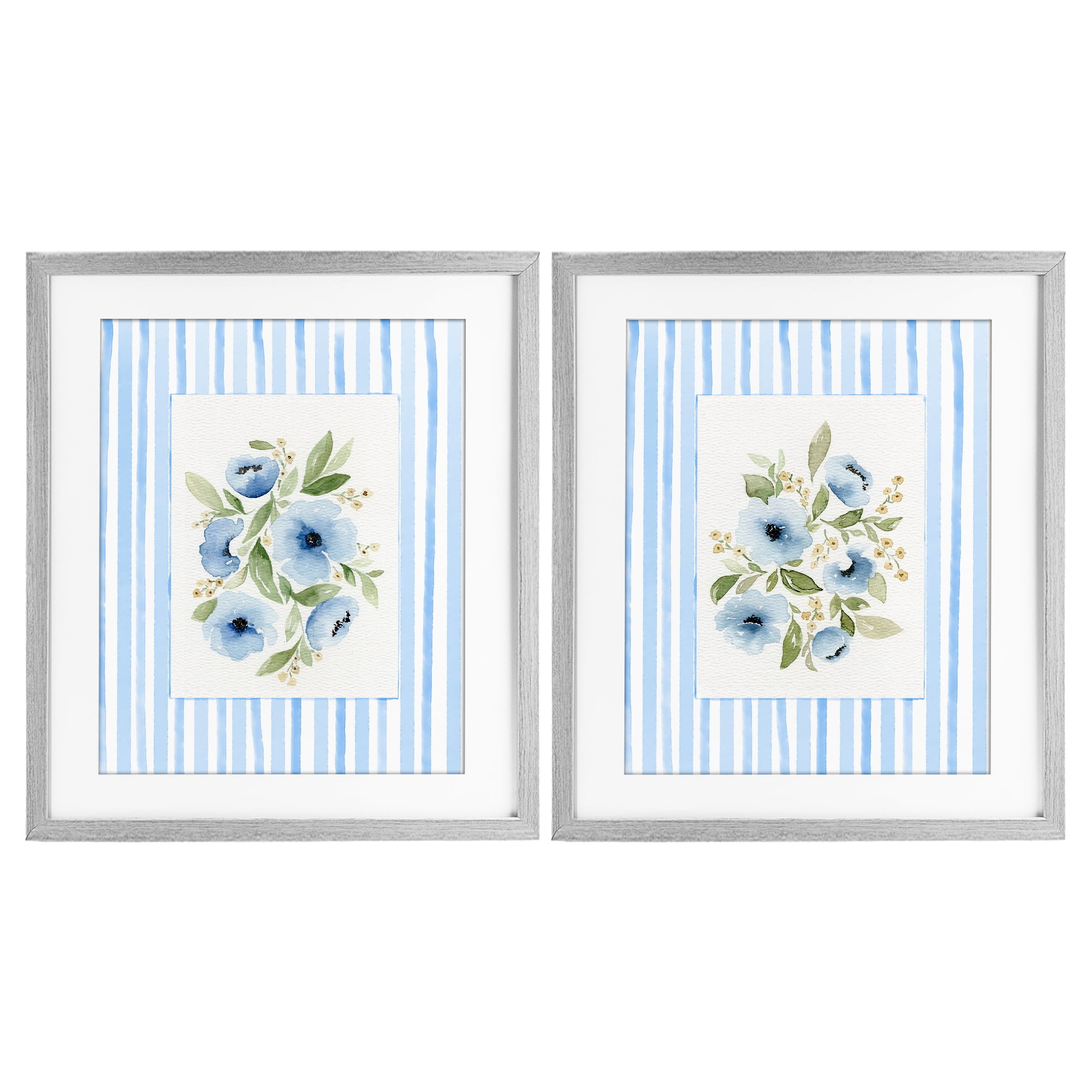 Stupell Industries Blue Flowers with Stripe Border 2 Piece Gray Framed Print Under Glass Set, design by Leah Noel Art