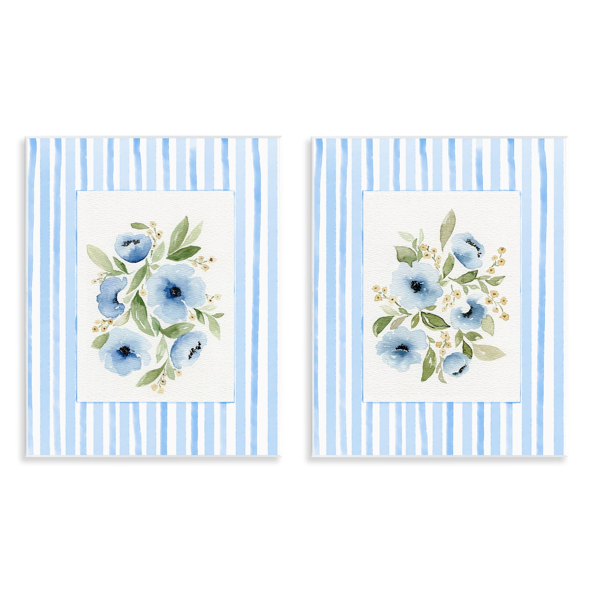 Stupell Industries Blue Flowers with Stripe Border 2 Piece Wall Plaque Art Set, design by Leah Noel Art