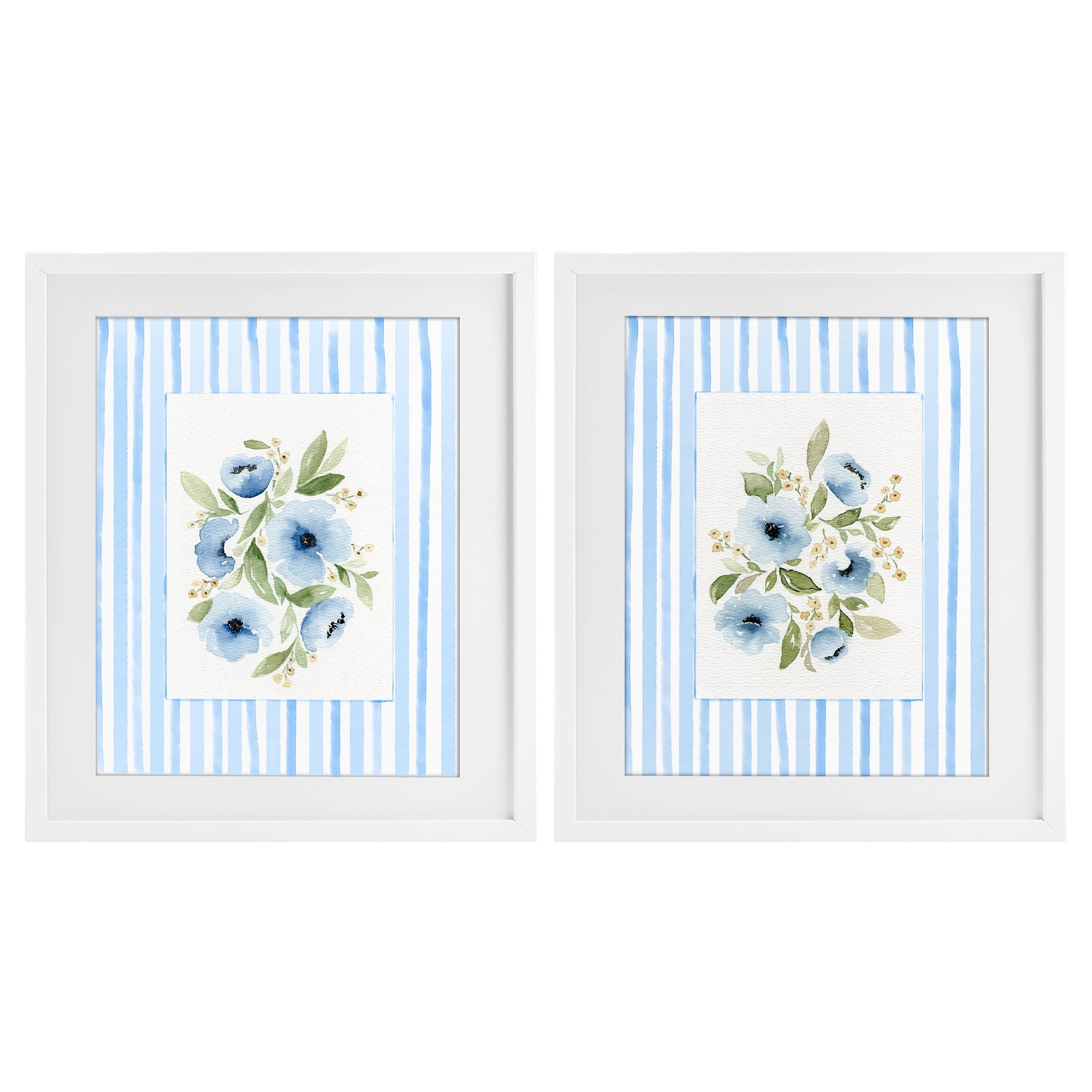 Stupell Industries Blue Flowers with Stripe Border 2 Piece White Framed Print Under Glass Set, design by Leah Noel Art