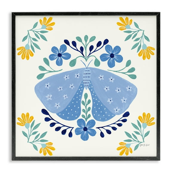 Stupell Industries Blue Folk Butterfly Insects Painting Black Framed Art Print Wall Art, 12 x 12