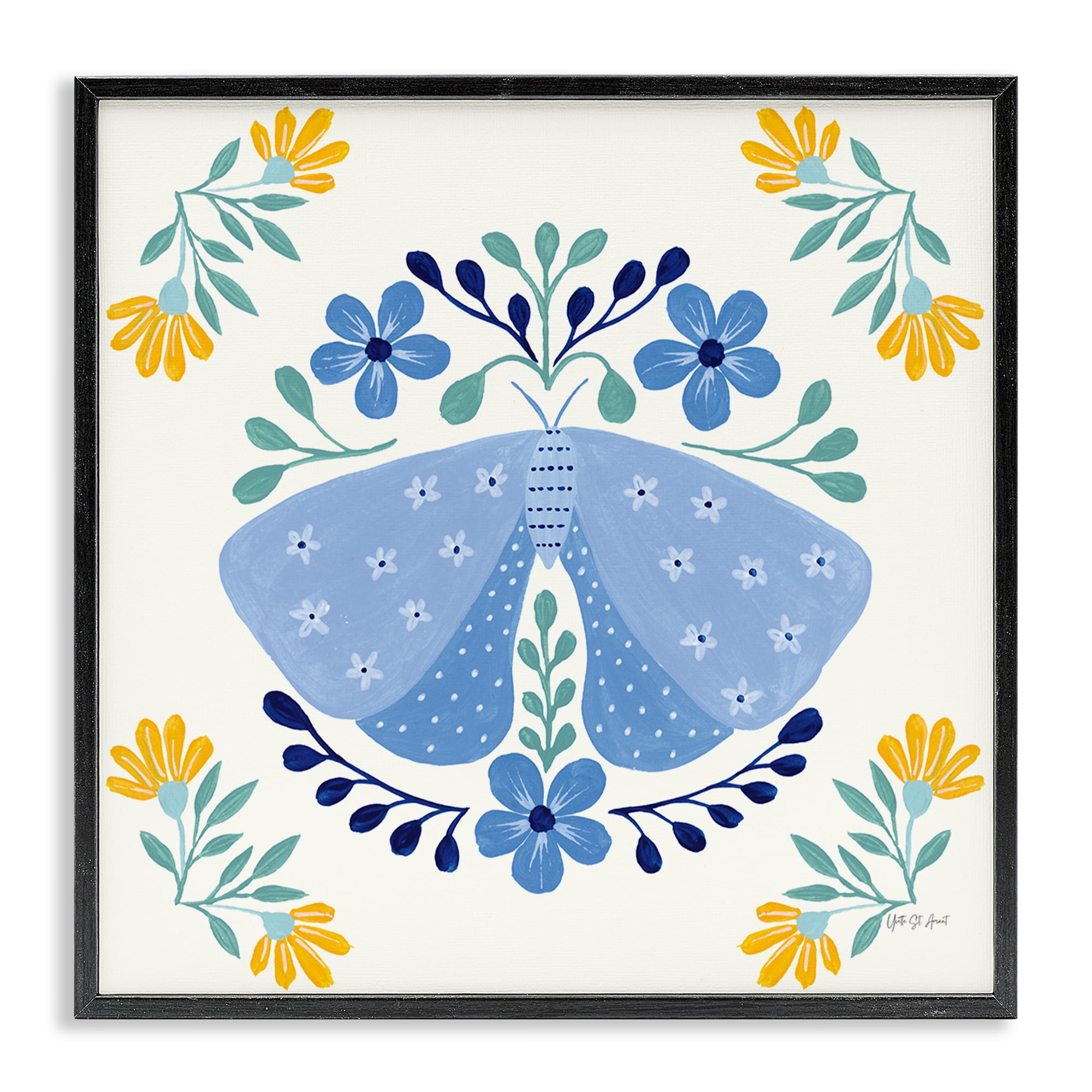 Stupell Industries Blue Folk Butterfly Insects Painting Black Framed Art Print Wall Art, 17 x 17