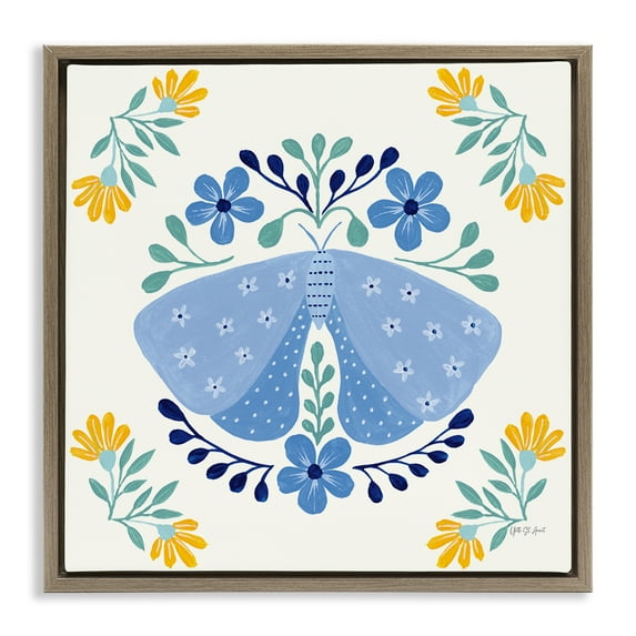 Stupell Industries Blue Folk Butterfly Insects Painting Brown Floater Framed Canvas Art Print Wall Art, 25 x 25