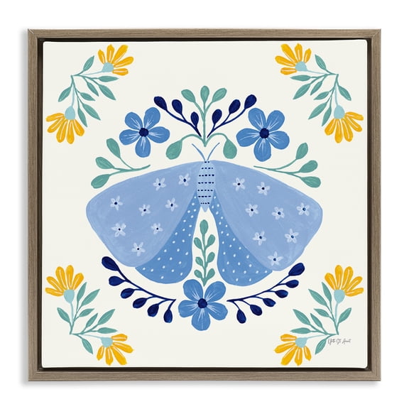 Stupell Industries Blue Folk Butterfly Insects Painting Brown Floater Framed Canvas Art Print Wall Art, 25 x 25