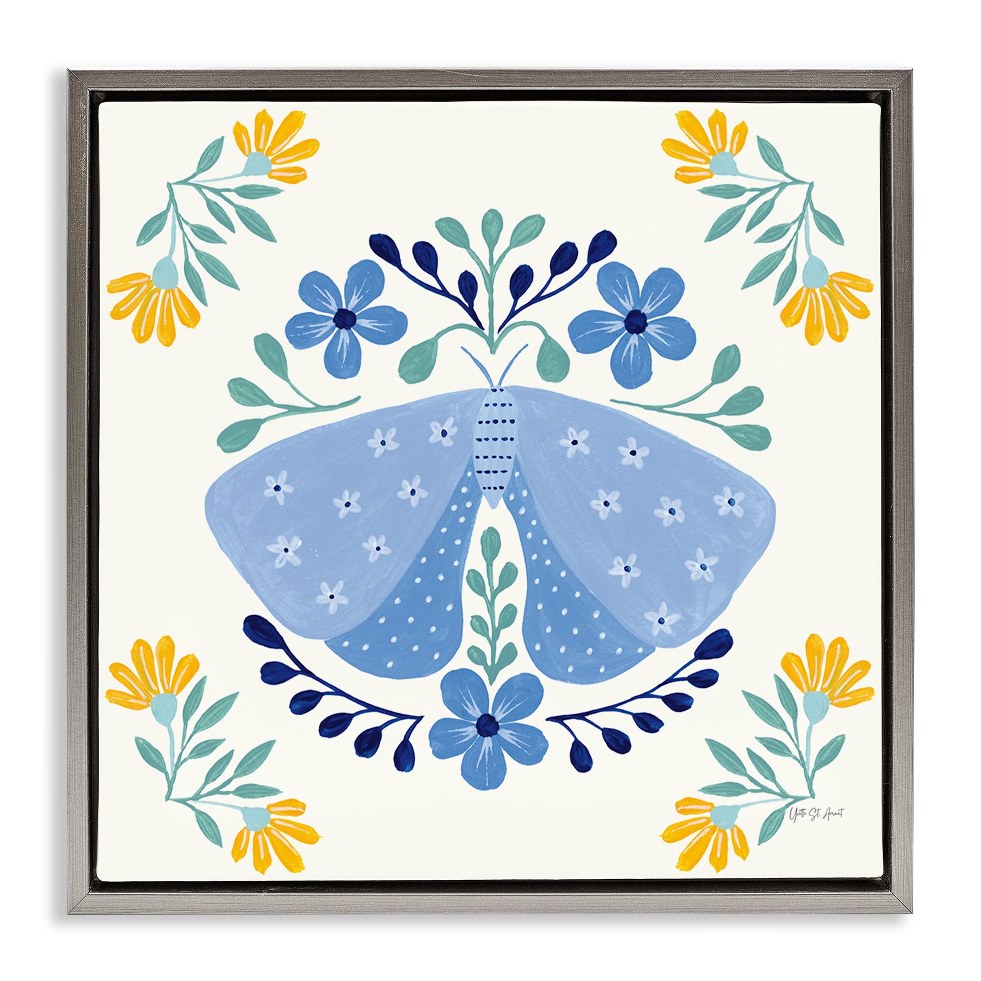 Stupell Industries Blue Folk Butterfly Insects Painting Gray Floater Framed Canvas Art Print Wall Art, 25 x 25