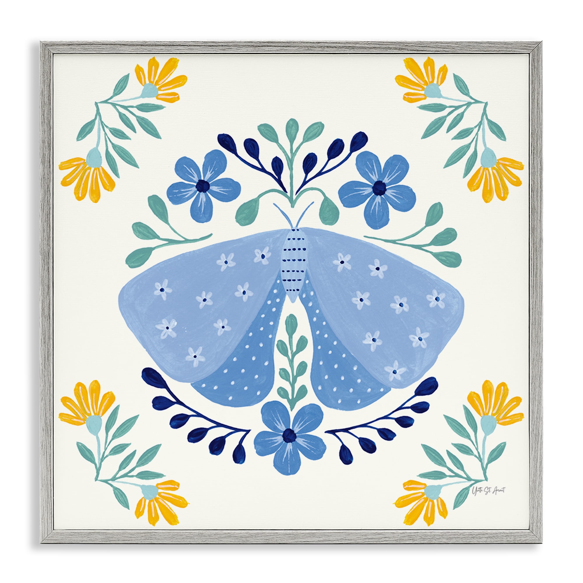 Stupell Industries Blue Folk Butterfly Insects Painting Gray Framed Art Print Wall Art, 12 x 12