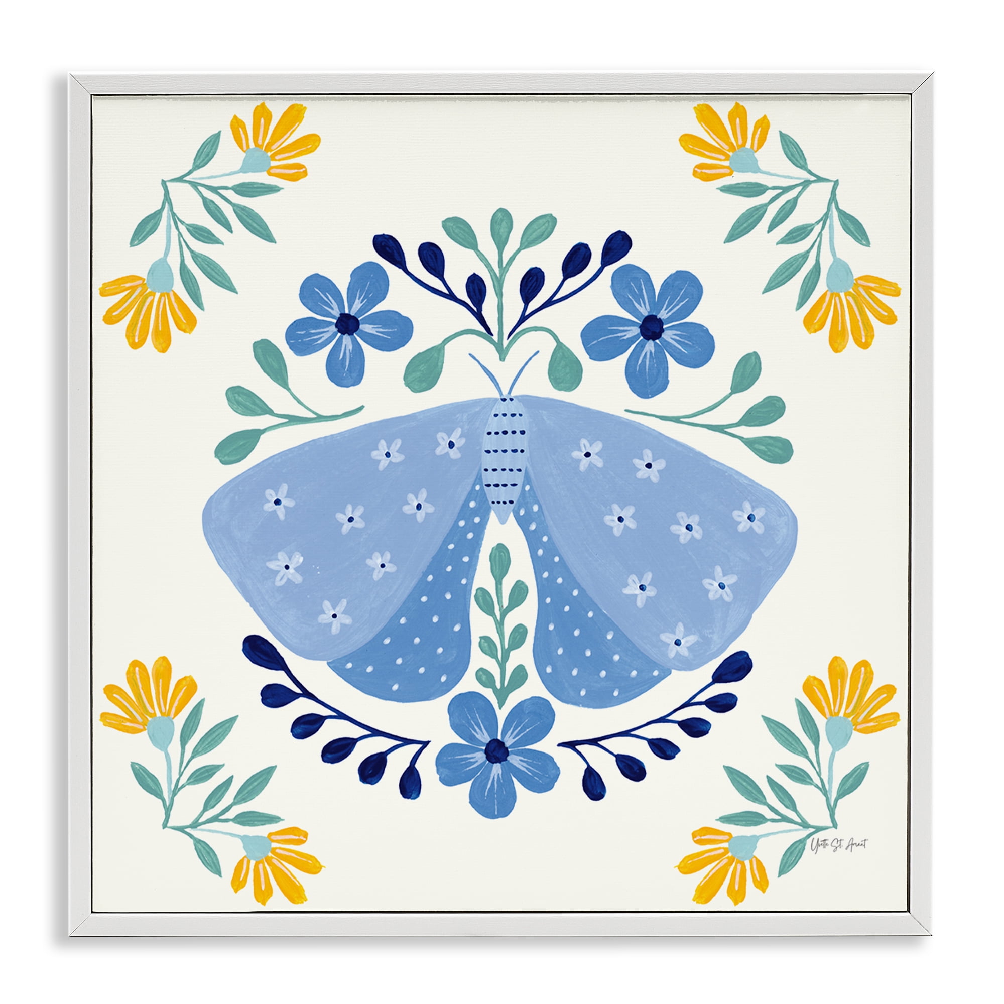 Stupell Industries Blue Folk Butterfly Insects Painting White Framed Art Print Wall Art, 17 x 17