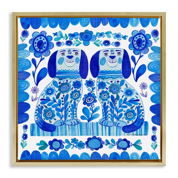 Stupell Industries Blue Folk Style Puppies Animals Painting Gold Floater Framed Canvas Art Print Wall Art, 18 x 18