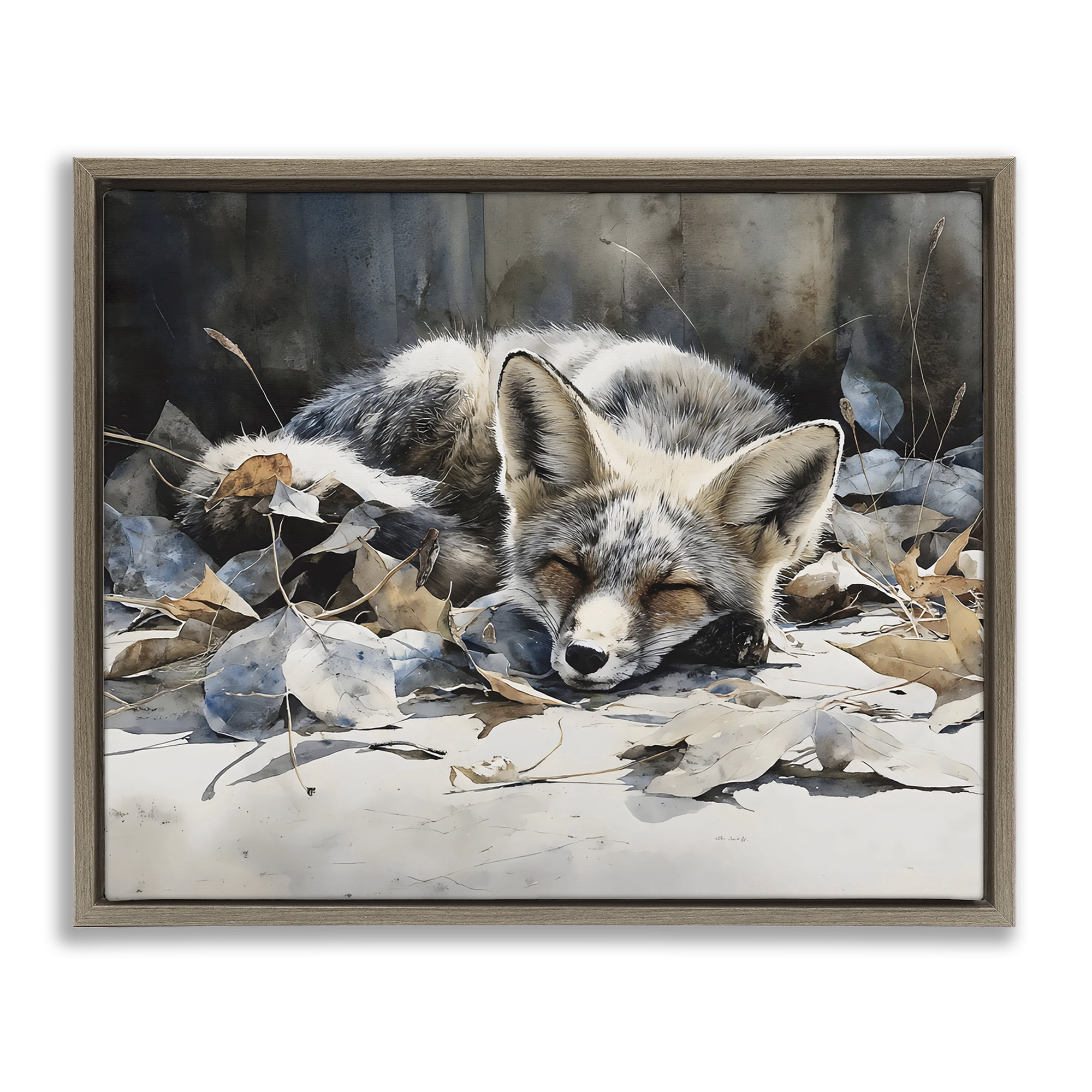 Stupell Industries Blue Fox Resting Among Leaves Brown Framed Floater Canvas Wall Art, design by Franklyn Gregory