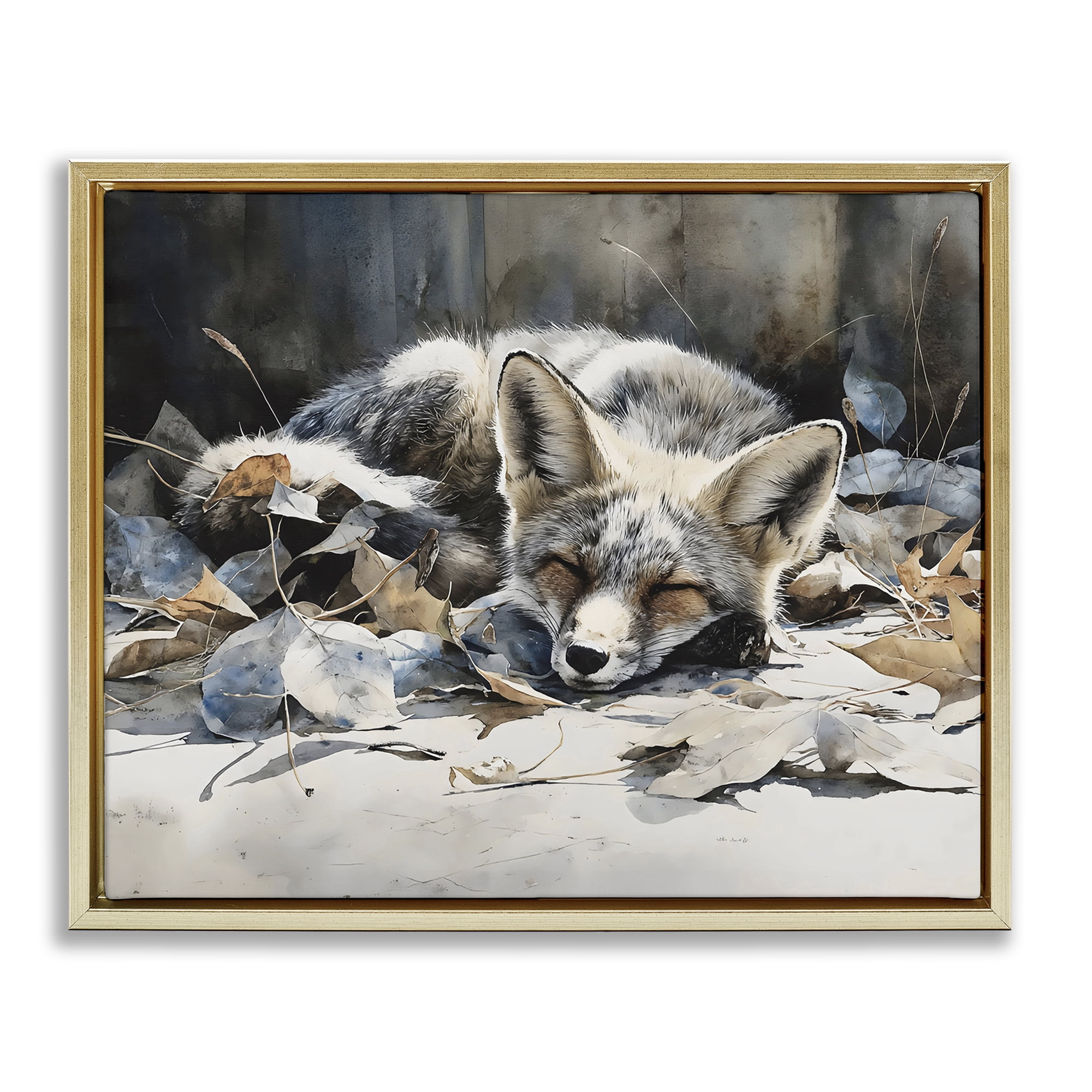 Stupell Industries Blue Fox Resting Among Leaves Gold Framed Floater Canvas Wall Art, design by Franklyn Gregory