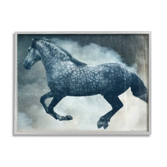 Stupell Industries Blue Galloping Horse Vintage Animals & Insects Painting Gray Framed Art Print Wall Art
