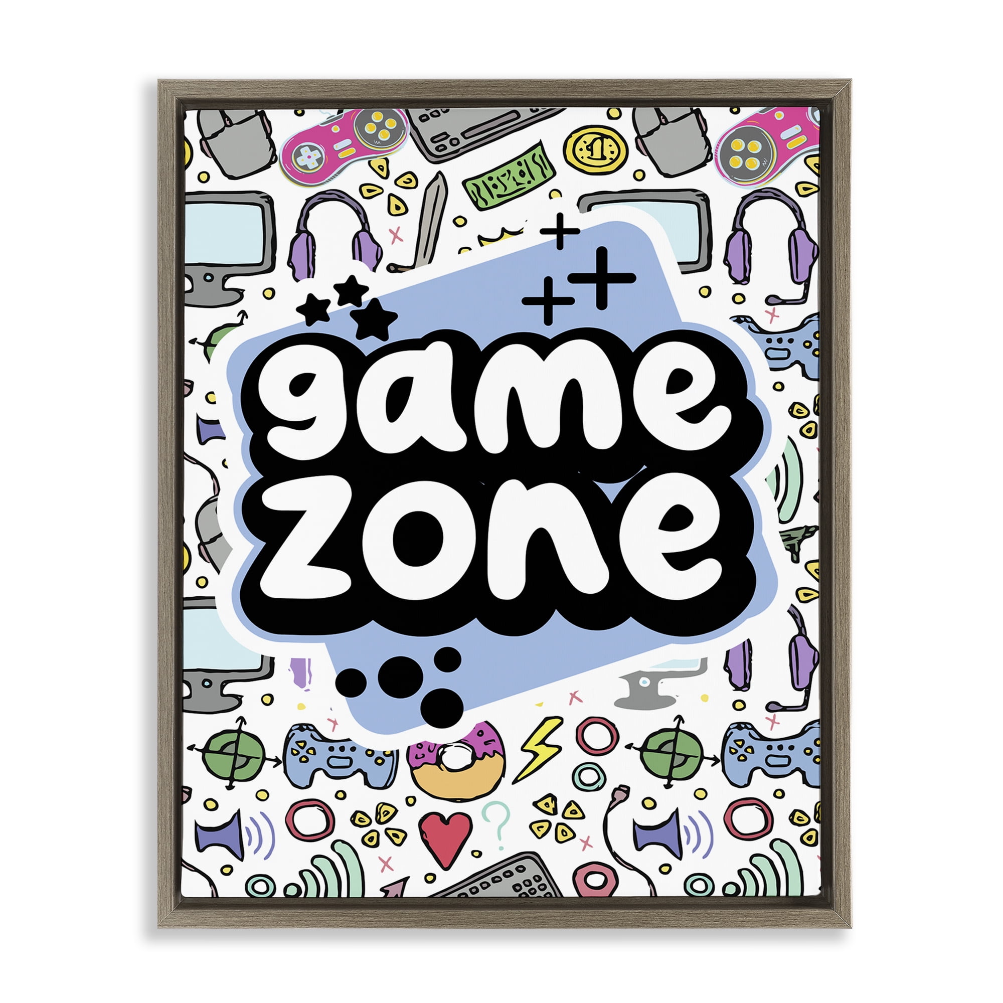 Stupell Industries Blue Game Zone Entertainment Painting Brown Floater Framed Canvas Art Print Wall Art, 17 x 21