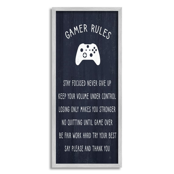 Stupell Industries Blue Gamer Rules Motivational Phrases for Children Kids Painting Gray Framed Art Print Wall Art, 10 x 24, Design by Daphne Polselli