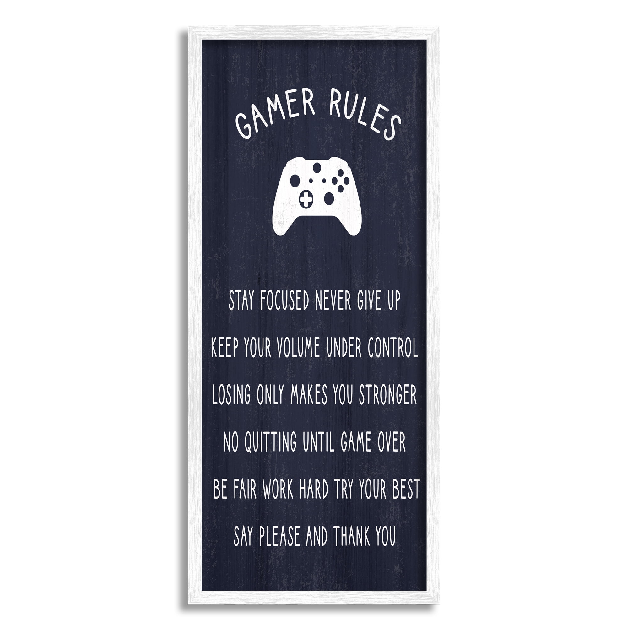 Stupell Industries Blue Gamer Rules Motivational Phrases for Children Inspirational Painting White Framed Art Print Wall Art, 10 x 24