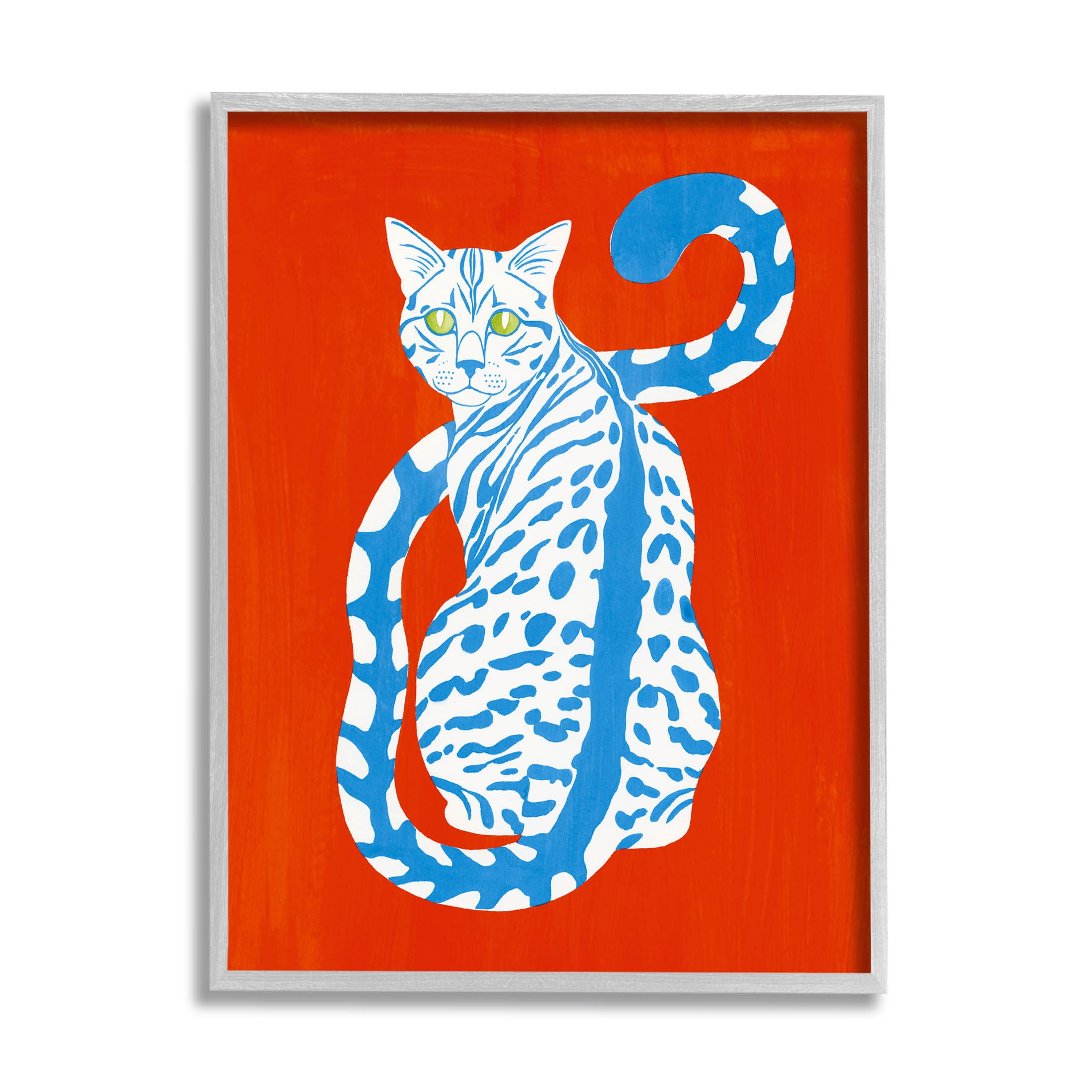 Stupell Industries Blue Gazing Cat Bold Modern Design Graphic Art Gray Framed Art Print Wall Art, Design by Grace Popp