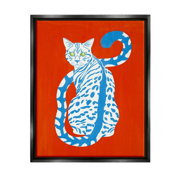 Stupell Industries Blue Gazing Cat Bold Modern Design Graphic Art Jet Black Floating Framed Canvas Print Wall Art, Design by Grace Popp