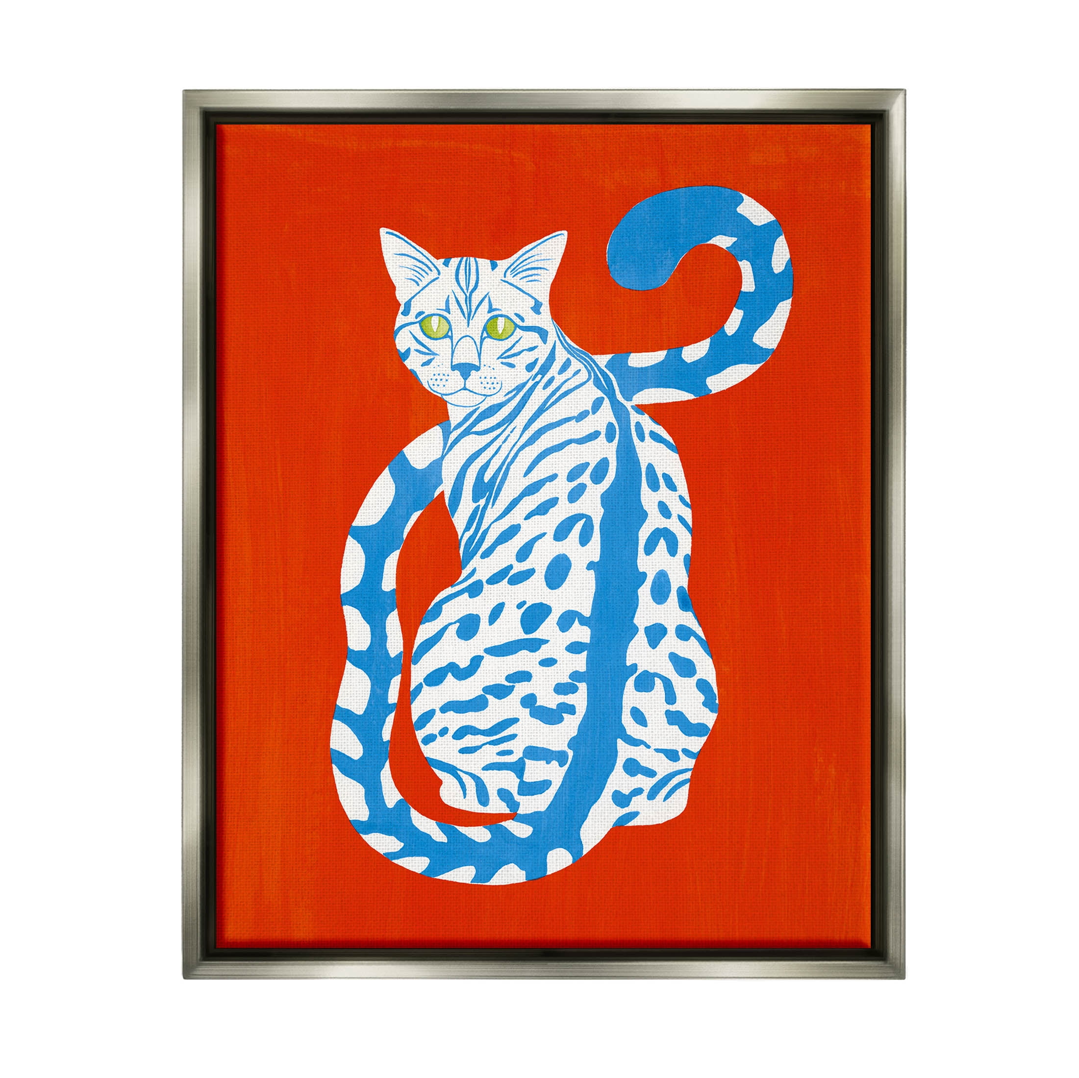 Stupell Industries Blue Gazing Cat Bold Modern Design Graphic Art Luster Gray Floating Framed Canvas Print Wall Art, Design by Grace Popp