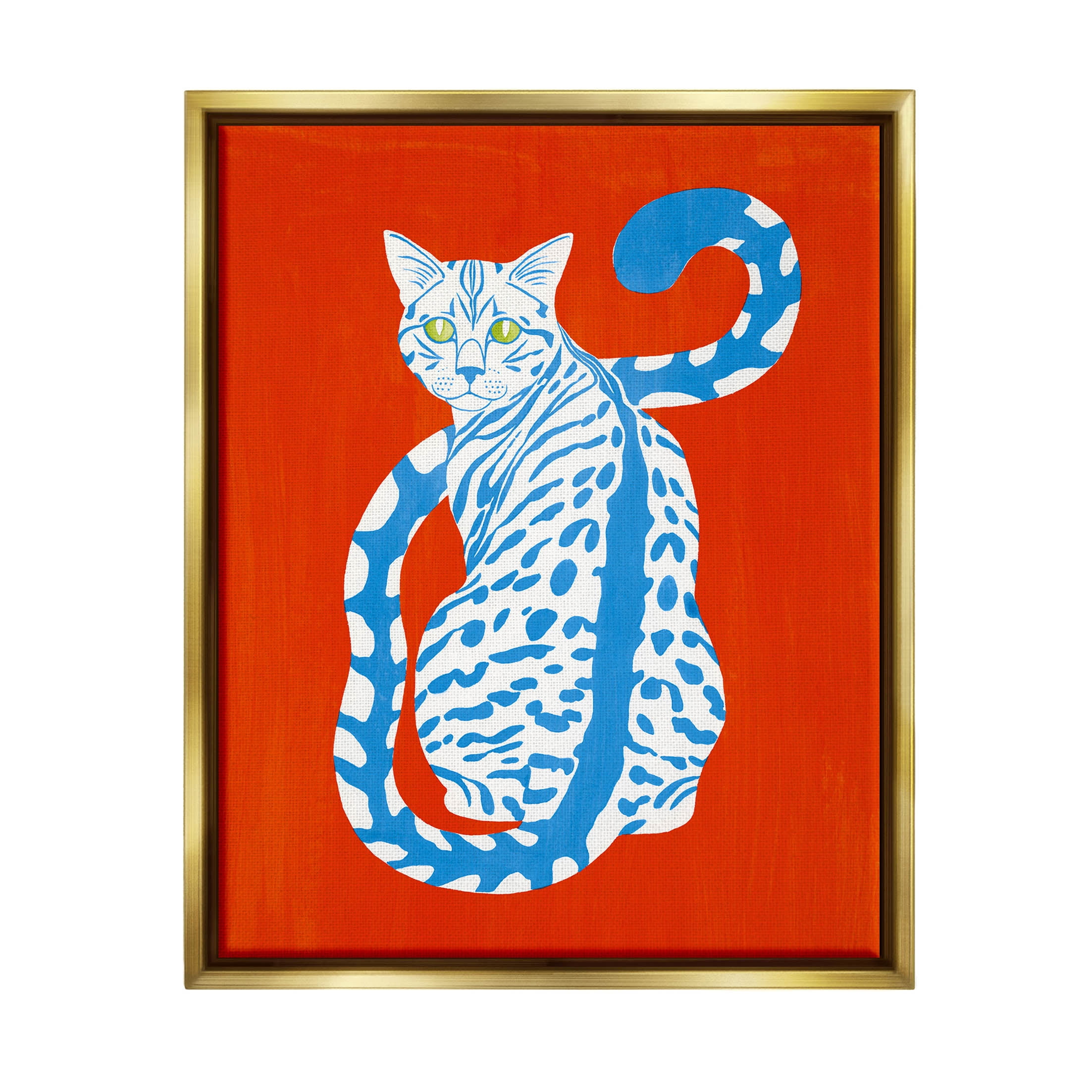 Stupell Industries Blue Gazing Cat Bold Modern Design Graphic Art Metallic Gold Floating Framed Canvas Print Wall Art, Design by Grace Popp