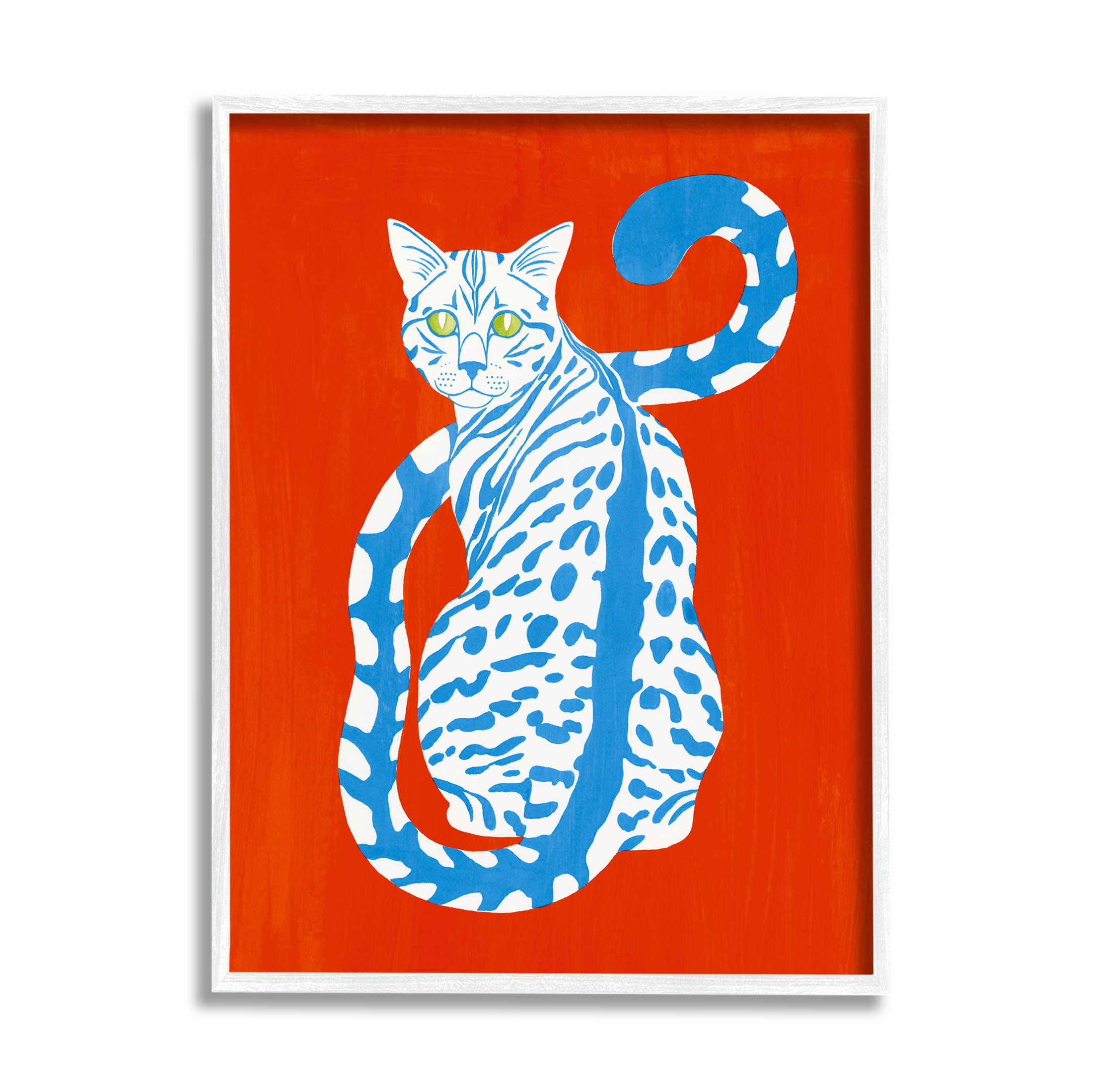 Stupell Industries Blue Gazing Cat Bold Modern Design Graphic Art White Framed Art Print Wall Art, Design by Grace Popp